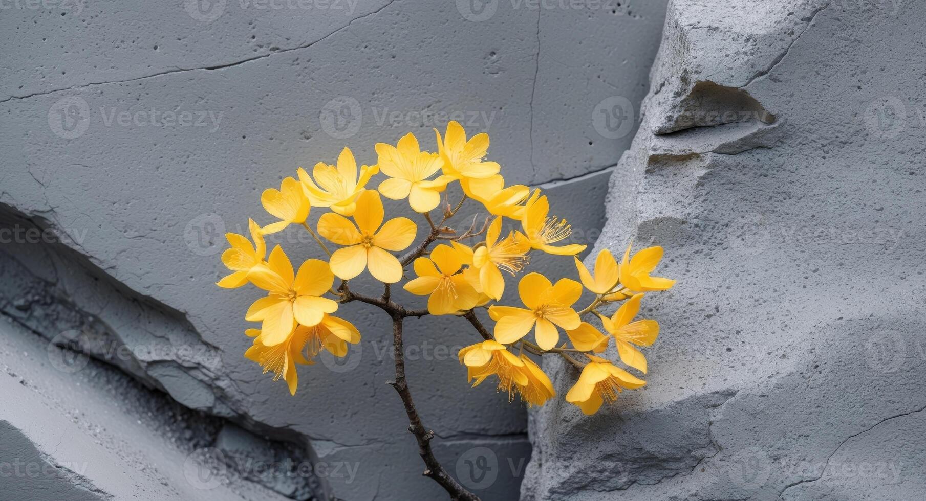 Mimosa blossoms in vibrant yellow on a textured gray surface highlighting a stylish color contrast for modern design concepts photo