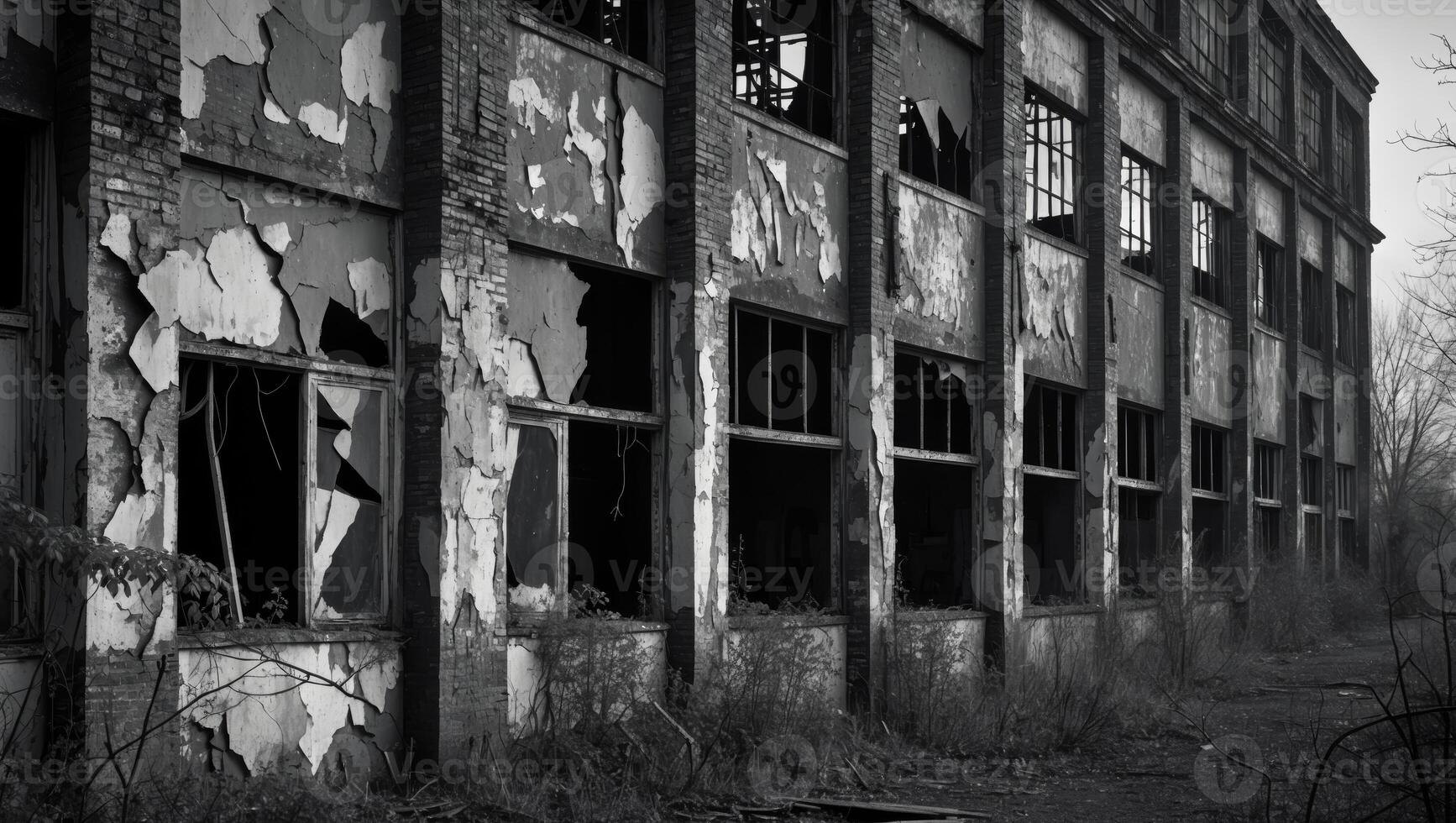 Abandoned industrial building with weathered walls and broken windows showing signs of decay and neglect photo