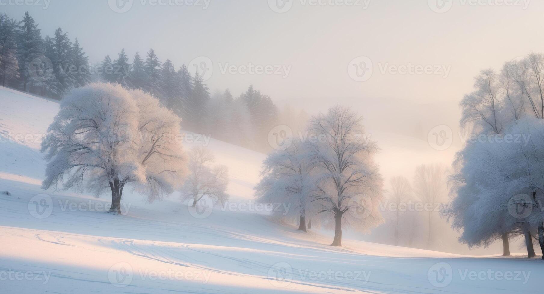 Serene Winter Landscape with Soft Snowy Lighting photo