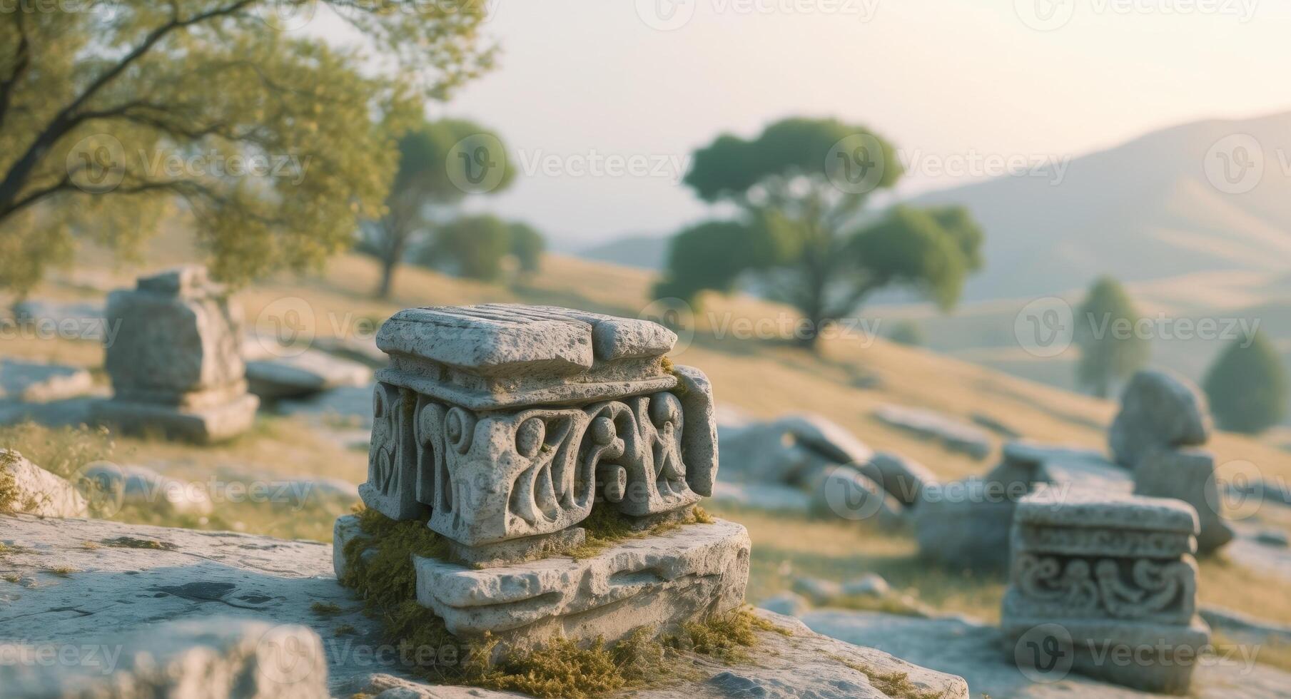 Ancient Stone Carvings with Scenic Landscape BackgroundAncient Stone Carvings with Scenic Landscape Background. photo