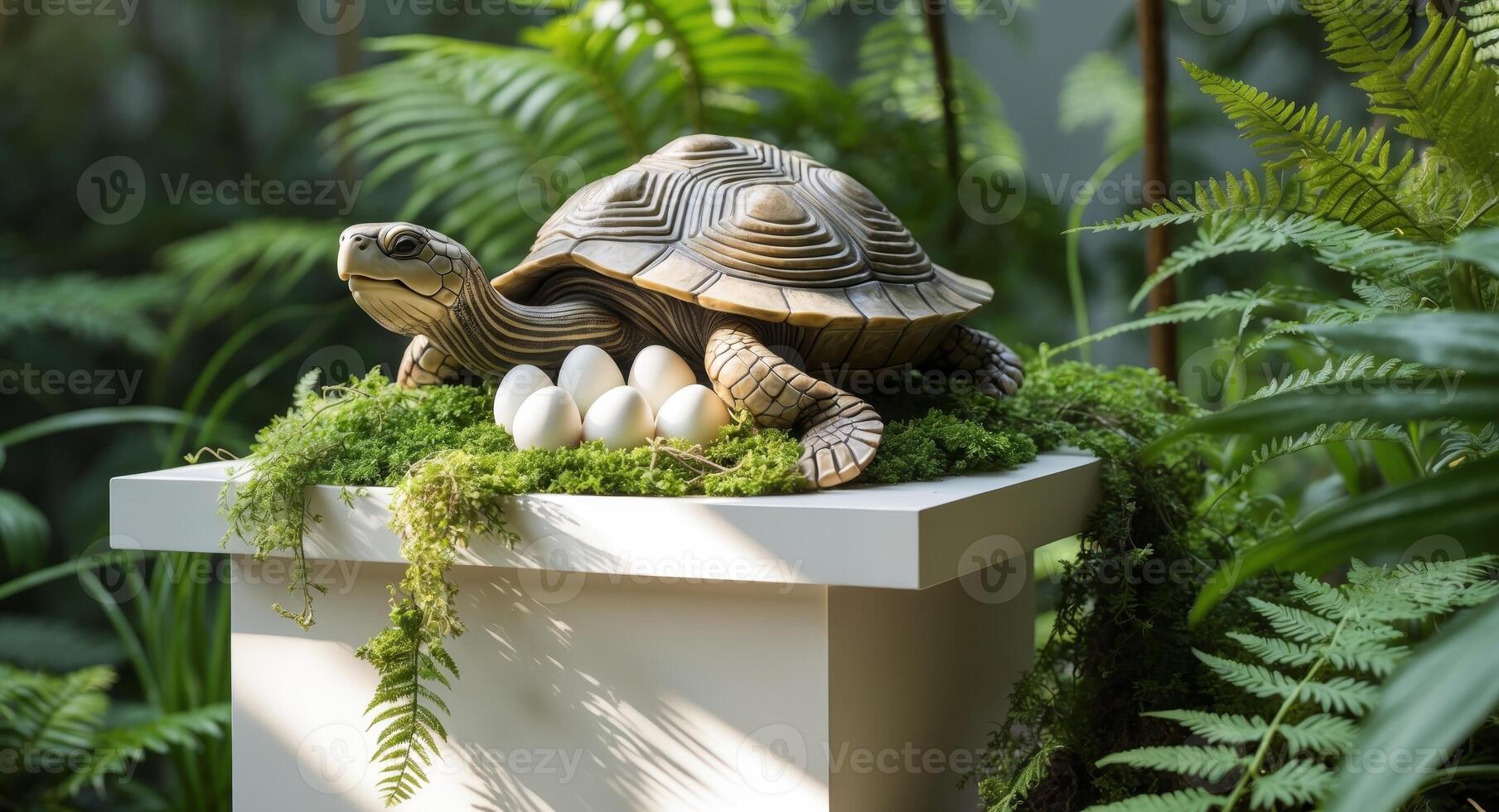 Decorative turtle figurine perched on a pedestal with a nest of eggs surrounded by greenery in a garden setting photo