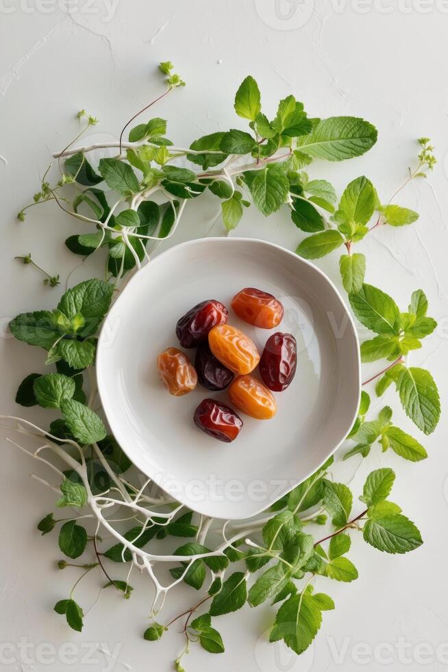 bowl of vibrant dates surrounded by fresh mint leaves displayed on smooth white ceramic platebowl of vibrant dates surrounded by fresh mint leaves displayed on smooth white ceramic plate. photo