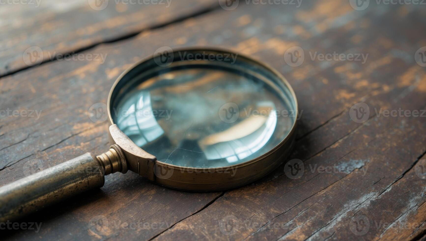 Magnifying glass on a rustic wooden surface symbolizing search engine optimization and digital marketing analysis photo