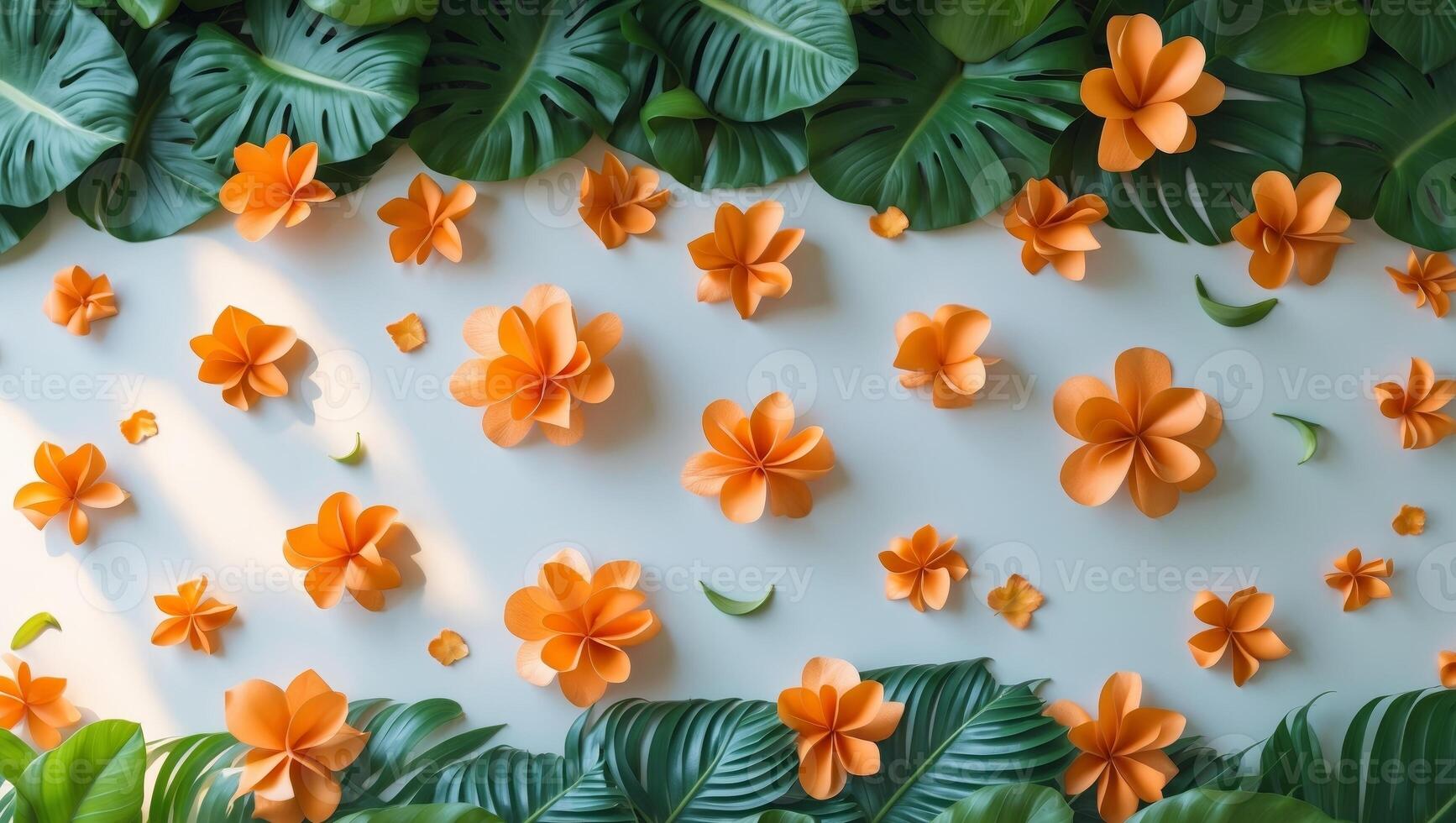 Orange Paper Flowers Amidst Lush Green Tropical Leaves photo
