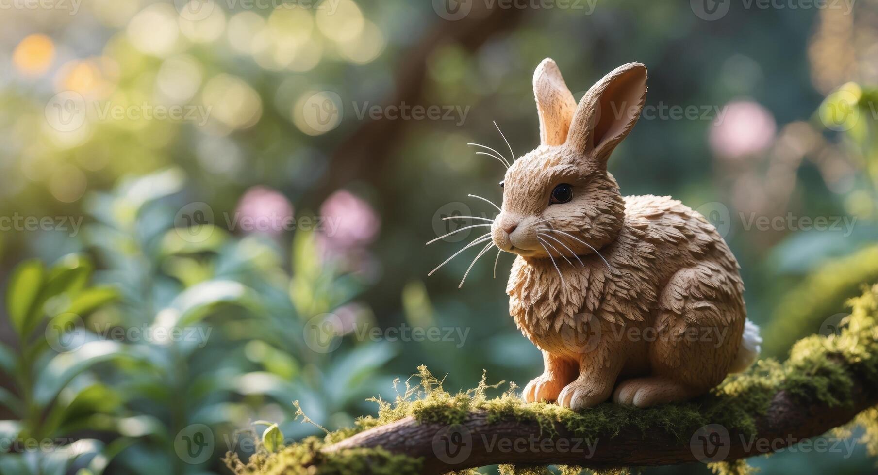 Fluffy brown rabbit figurine sitting on a branch in a lush garden setting during the day photo