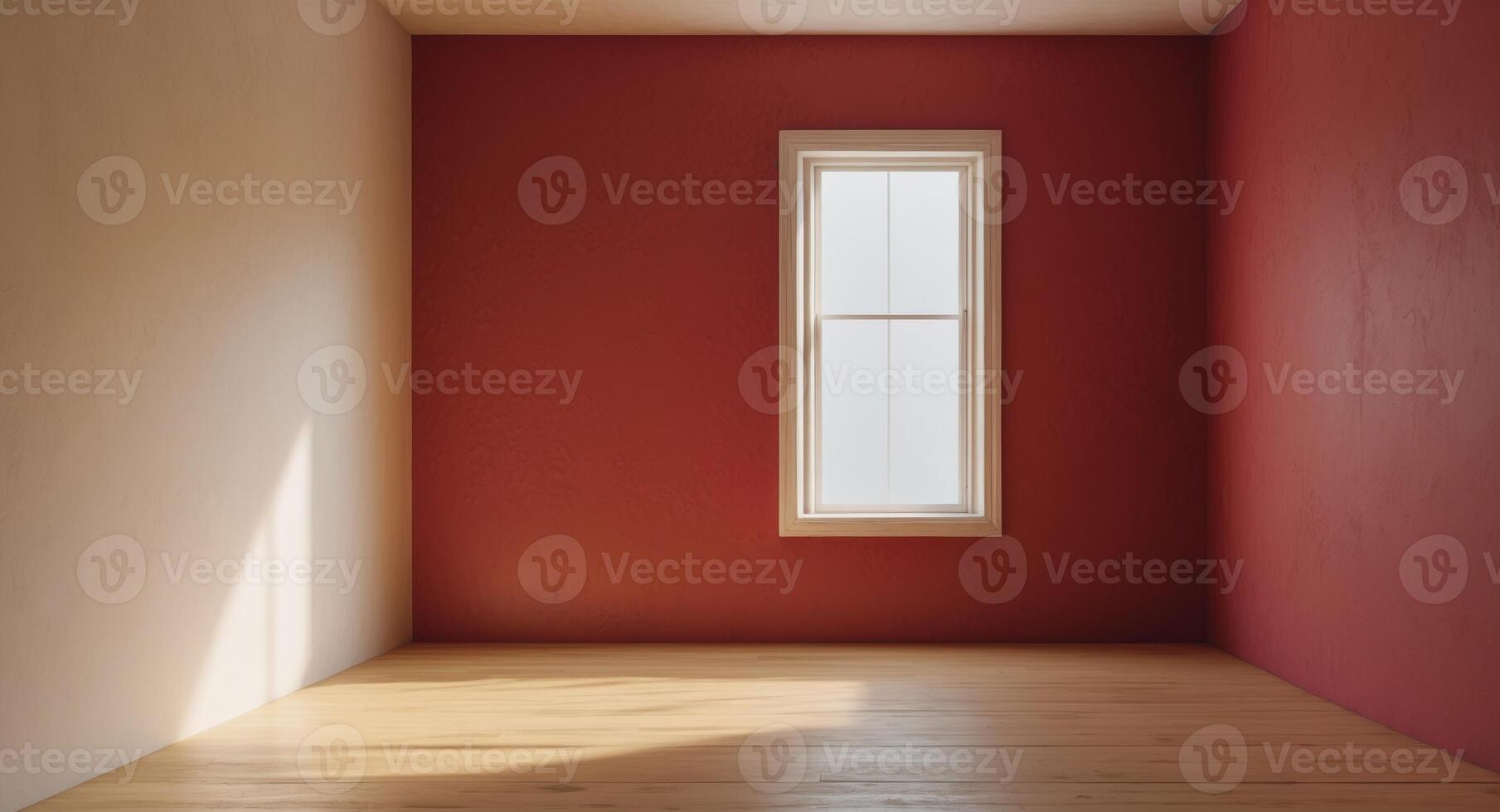 A sparsely furnished red room with a wooden floor and natural light streaming in through window creates a serene and inviting atmosphere photo