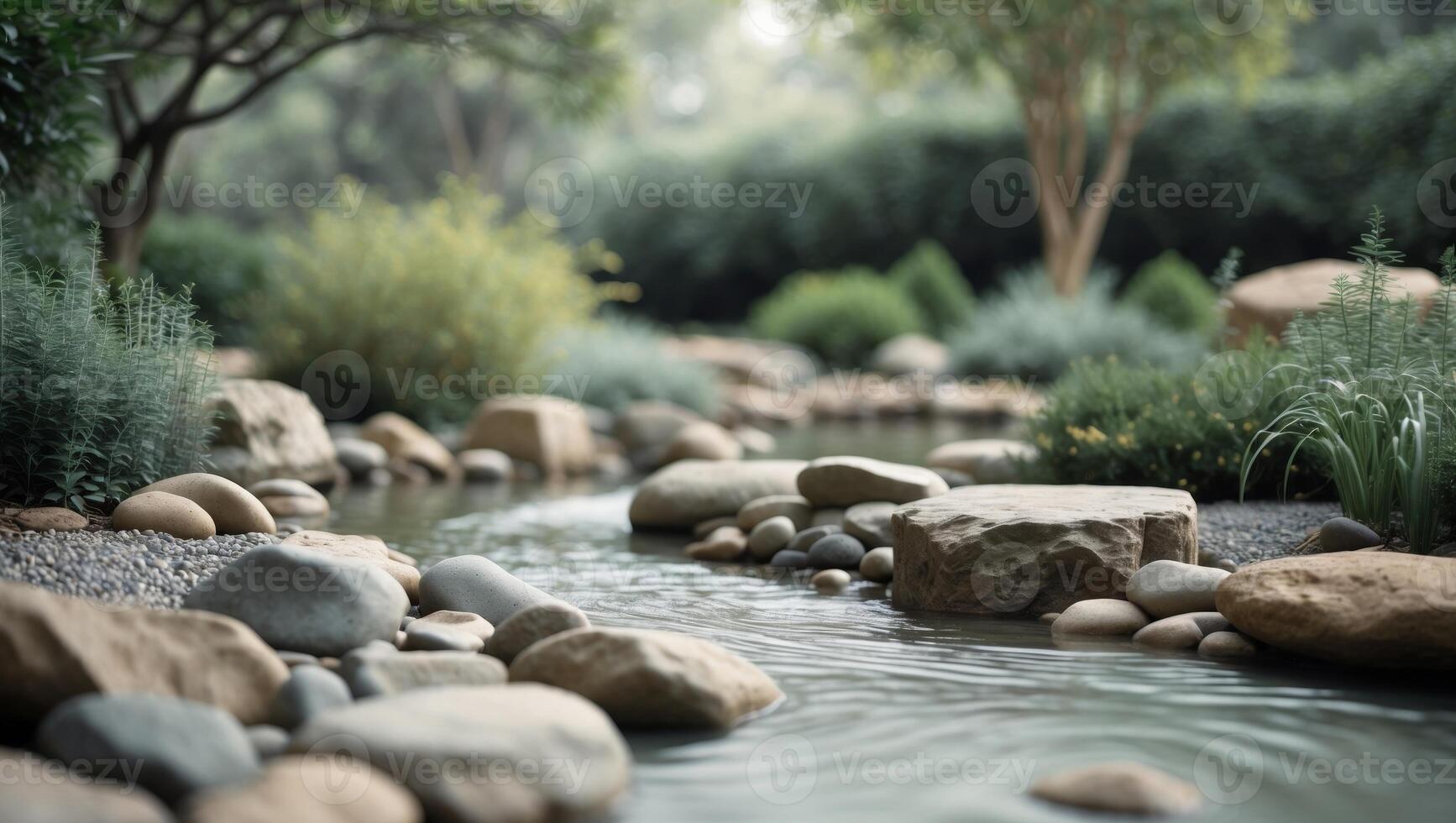 Serene Garden Water Feature with Rocks and StreamSerene Garden Water Feature with Rocks and Stream. photo