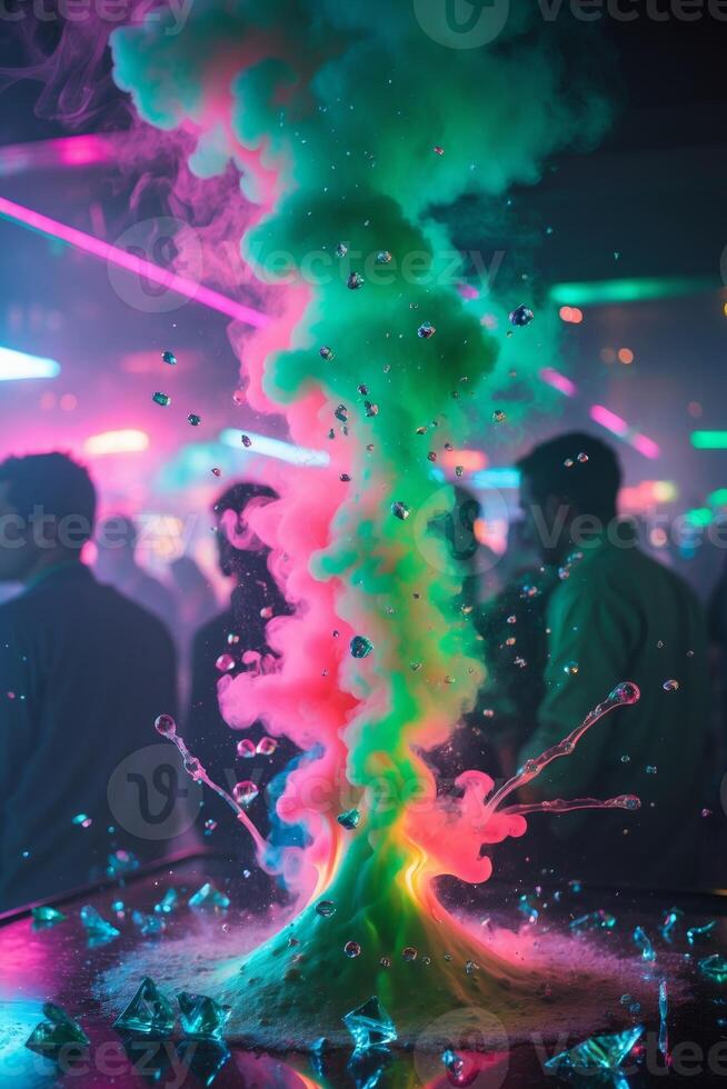 Vibrant Colorful Chemical Reaction in a Nightclub SettingVibrant Colorful Chemical Reaction in a Nightclub Setting. photo
