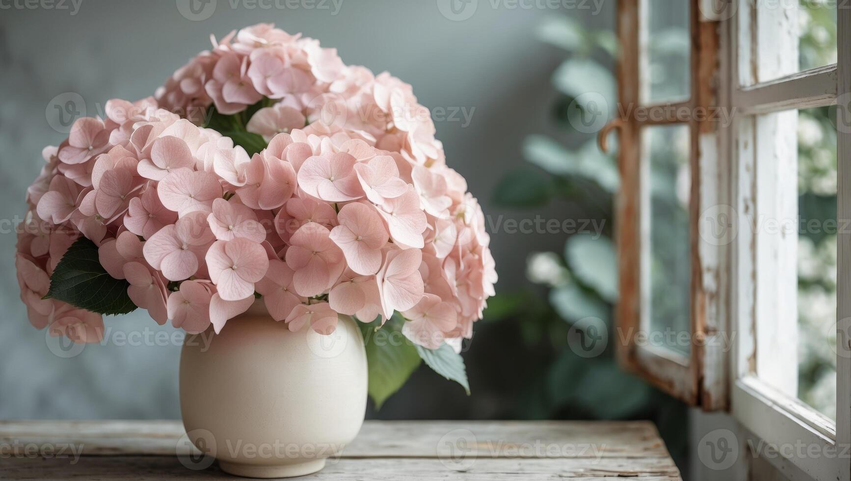 Beautiful pink hydrangeas in a white vase on a rustic wooden table by a window photo