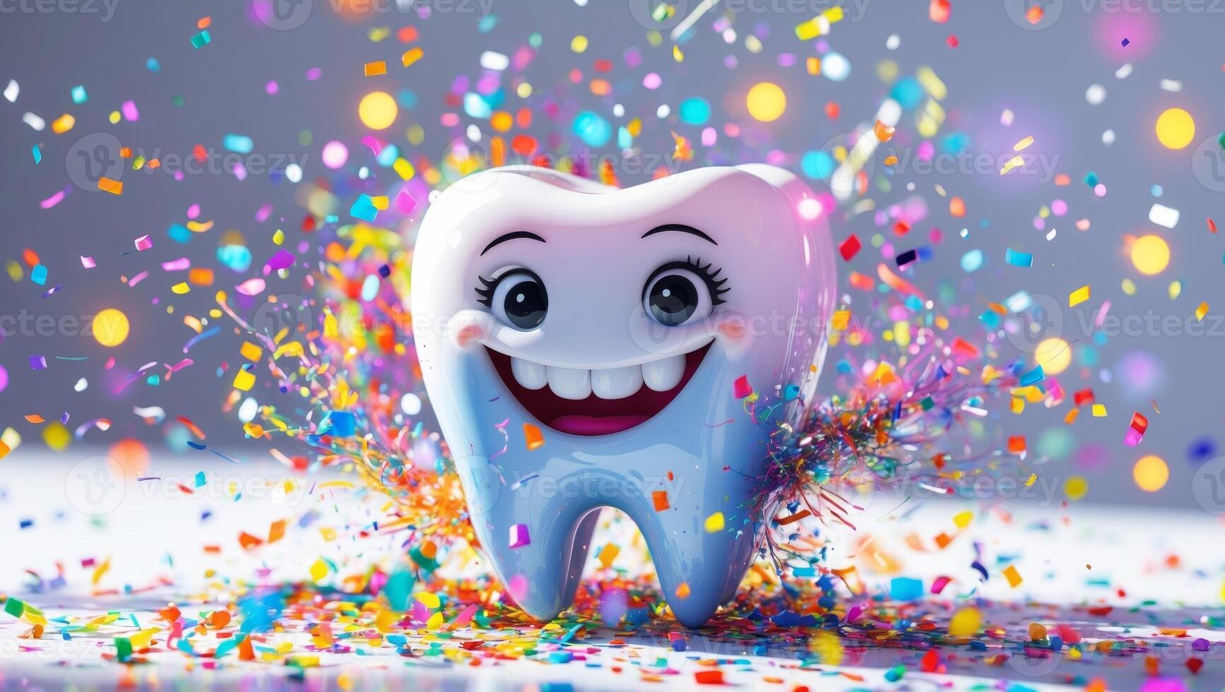 Cheerful animated tooth character celebrating joyfully amidst colorful confetti and sparkling lights photo