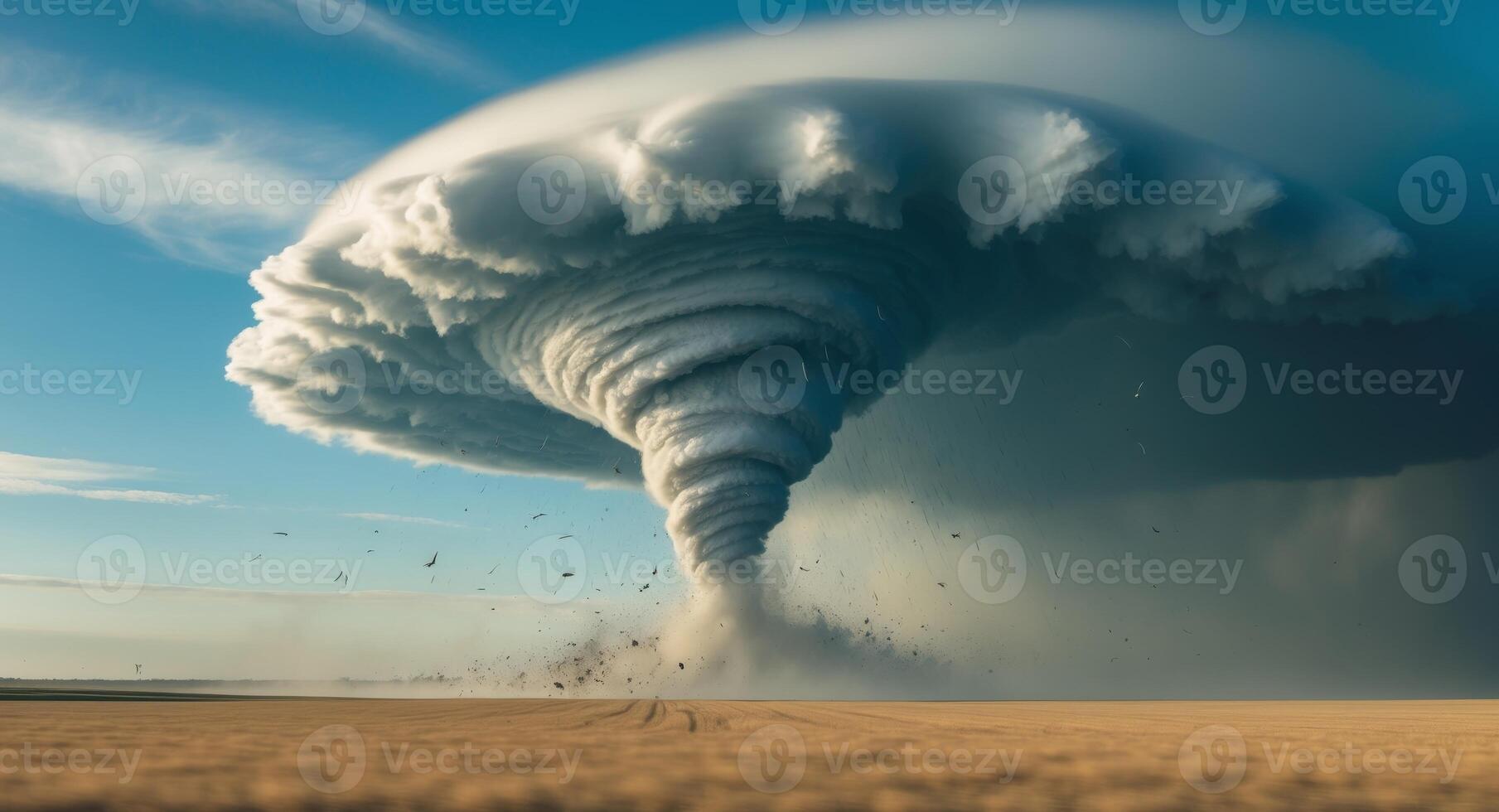 A dramatic shot of a tornado touching down in a field capturing the raw power and intensity of natures forces photo