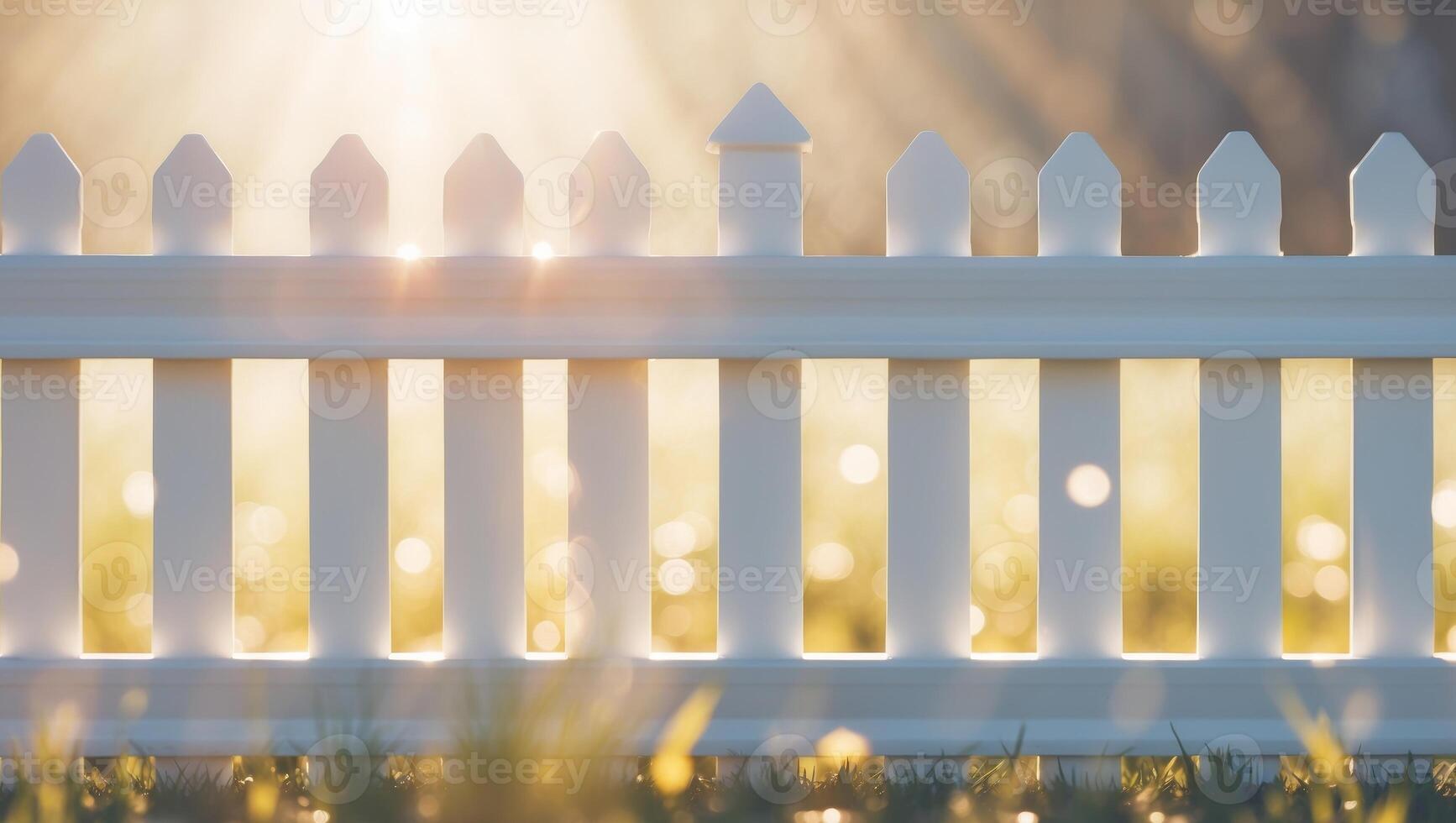 A white picket fence with the sun shining through it photo