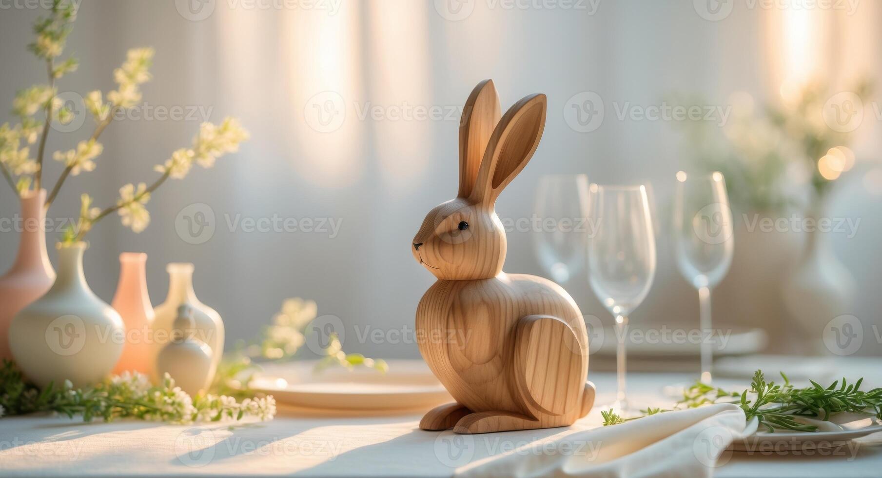 Decorative wooden bunny centerpiece enhances festive table setting for spring celebrationDecorative wooden bunny centerpiece enhances festive table setting for spring celebration. photo
