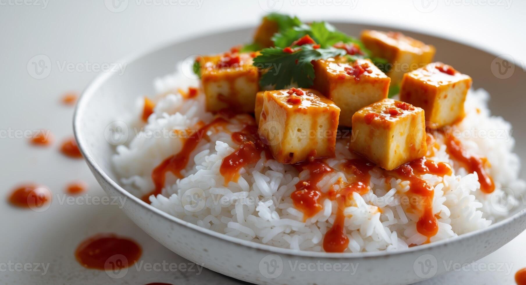 Spicy Tofu Cubes Served Over Rice With Sauce photo