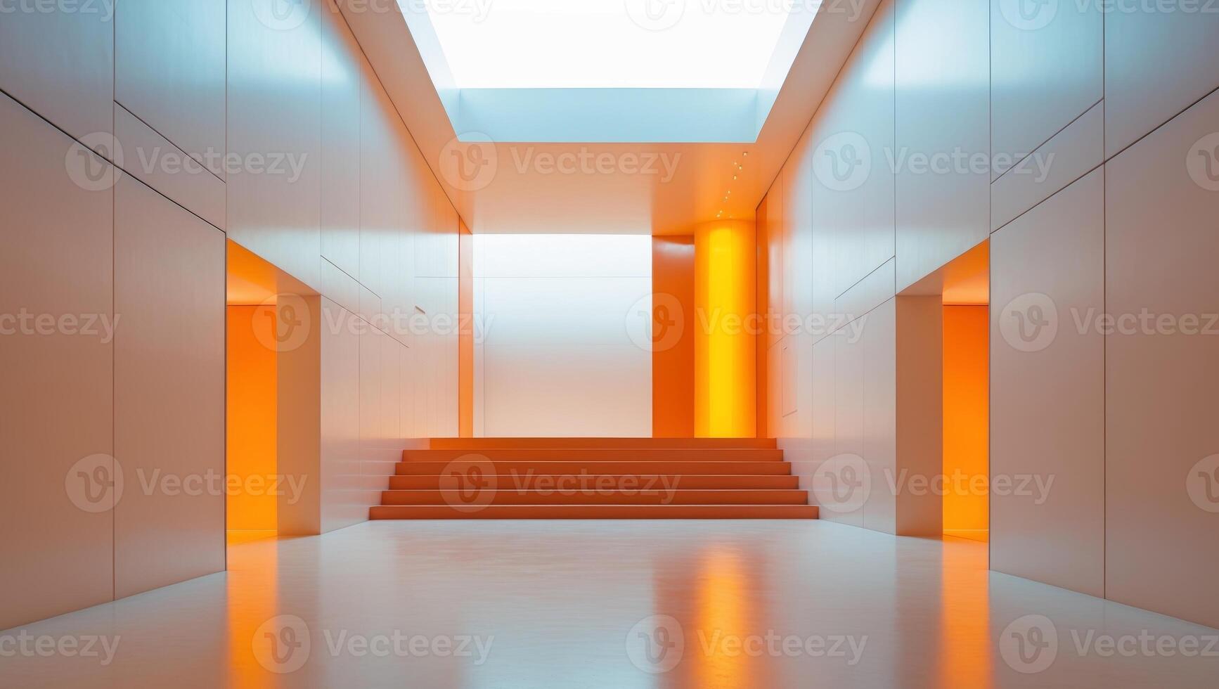 Modern Hallway with Natural Light and Orange Accents in Building photo