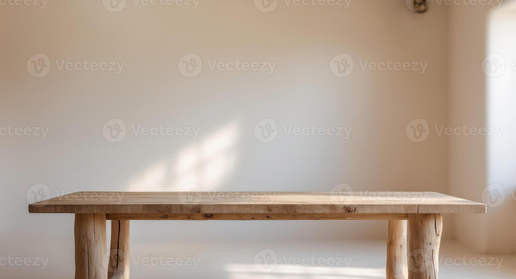 A wooden table is shown with a blurred interior background photo