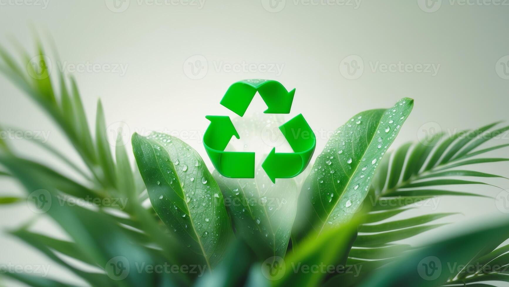 Green Recycle Symbol on Lush Tropical Leaves photo