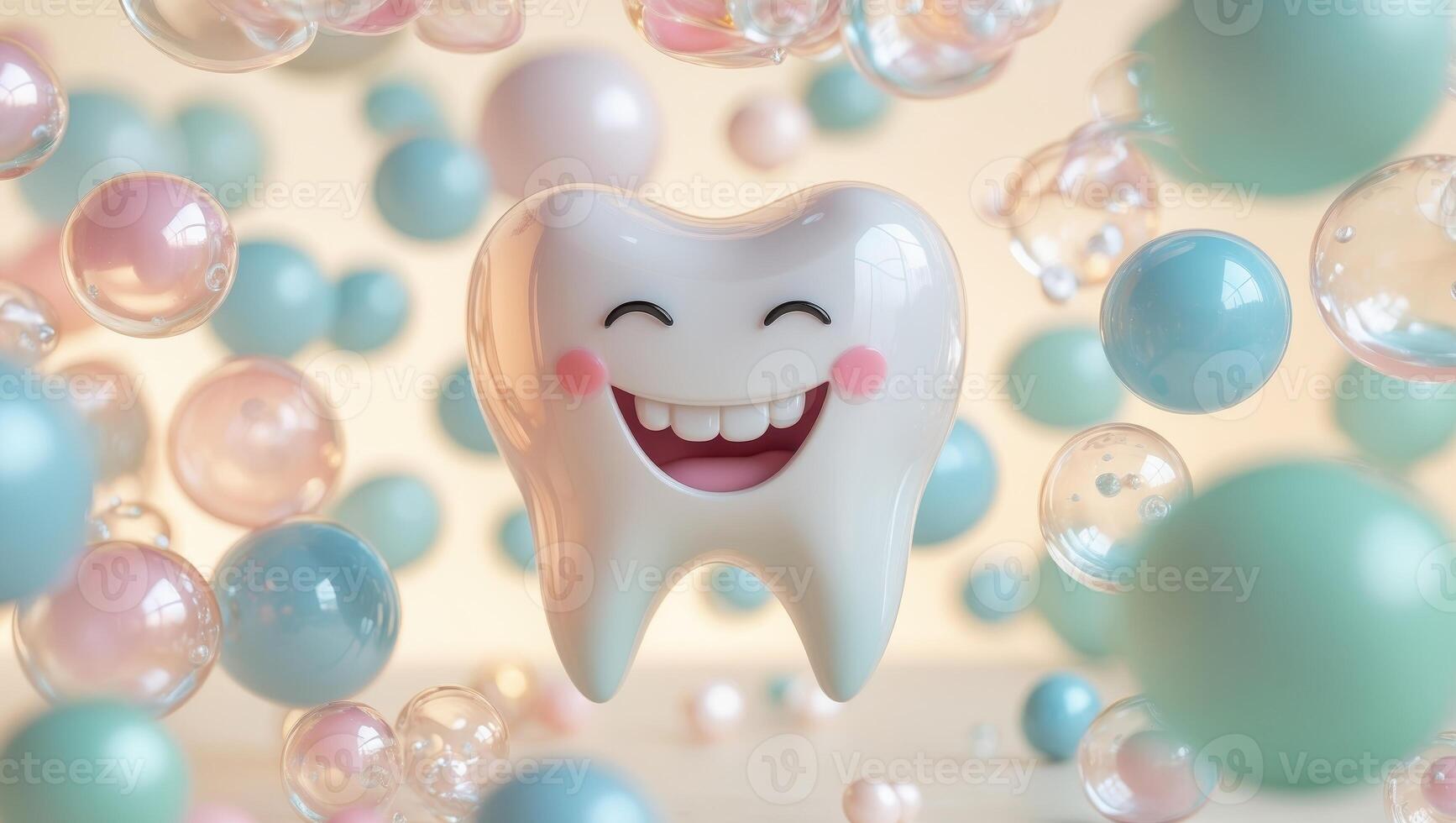 Cheerful smiling tooth dances among colorful bubbles in a delightful pastel world of joy and happiness photo