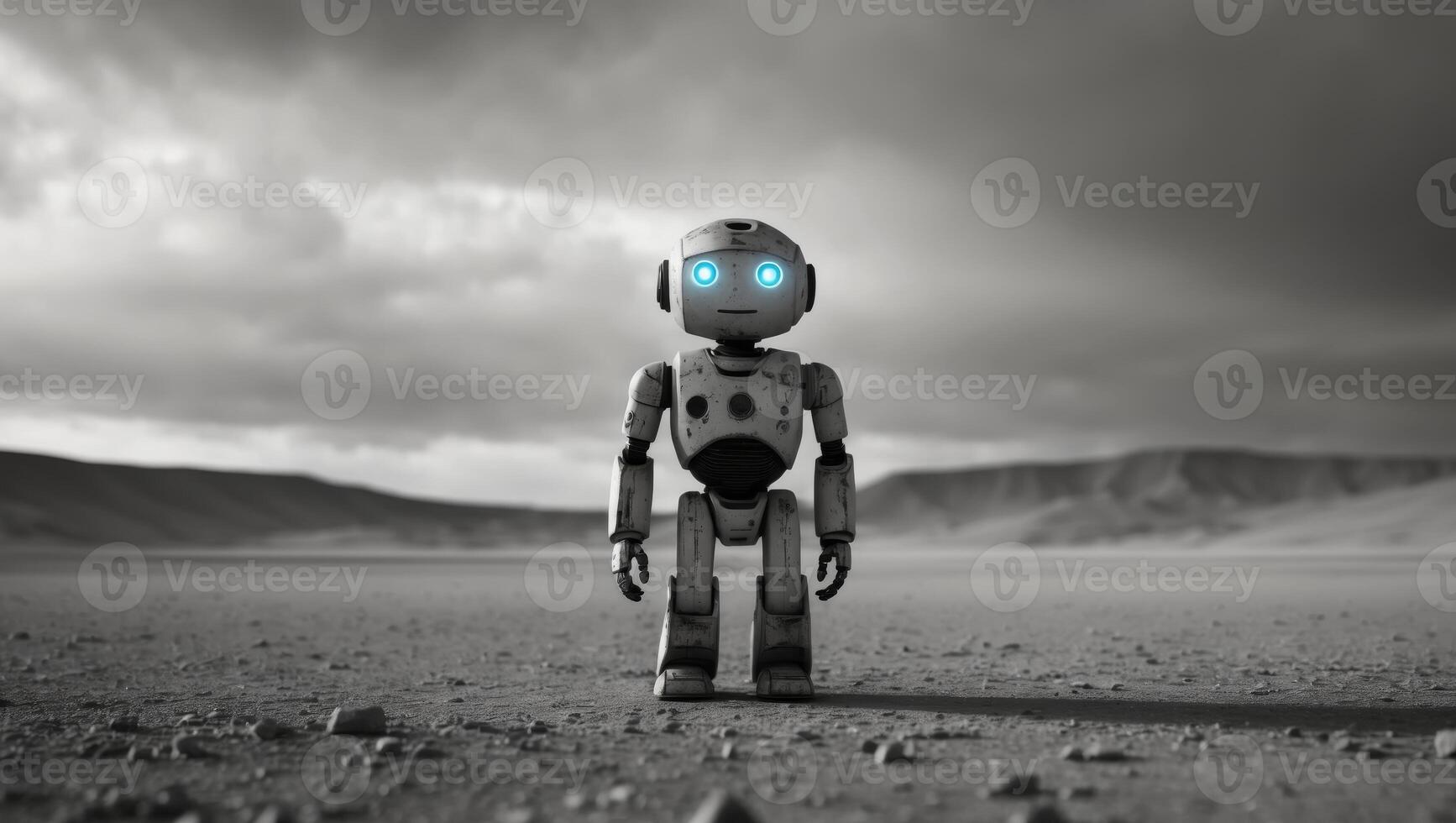 Small Robot Stands Alone In Desolate Landscape photo
