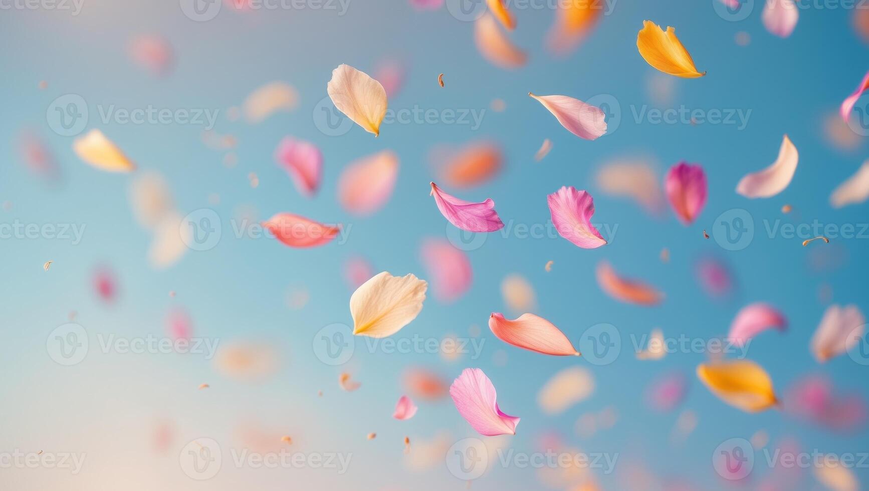 Multicolored petals falling on a blue background photo