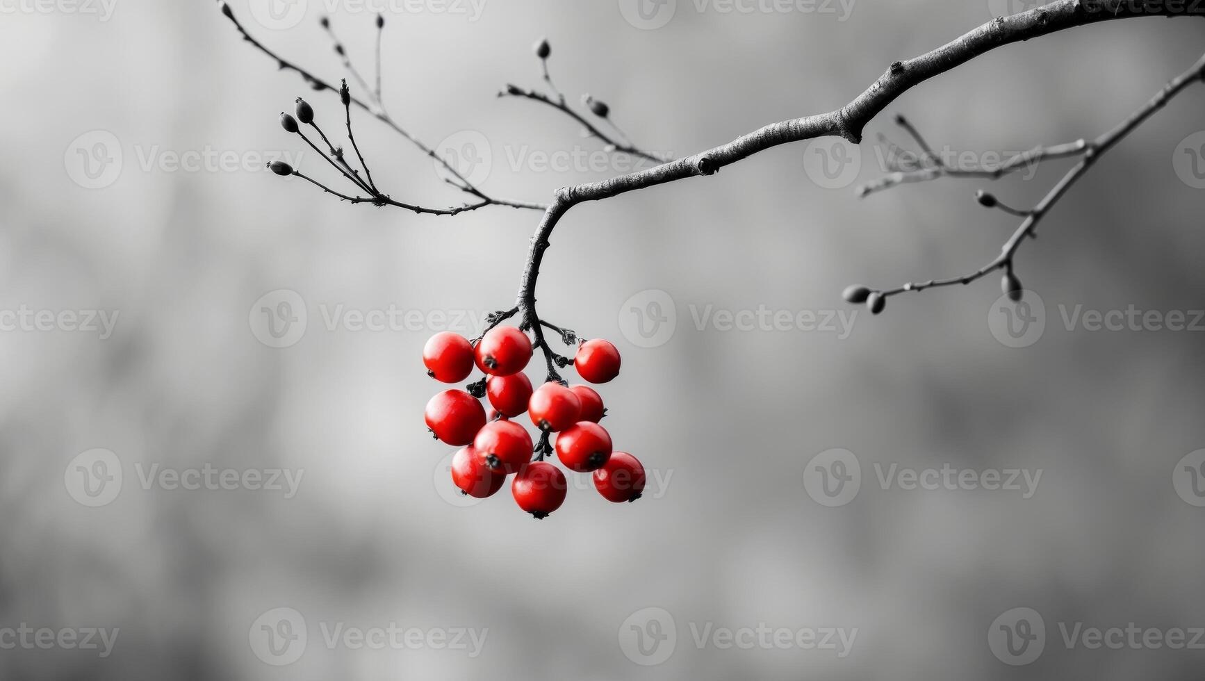 A bunch of red berries hanging from a tree branch photo