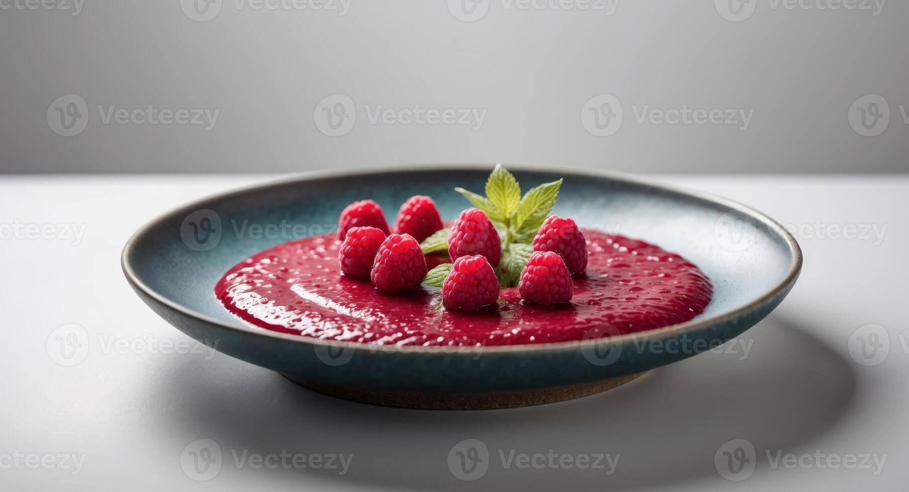 Bowl of vibrant raspberry sauce garnished with fresh raspberries on a dark plate for a delightful dessert experience photo