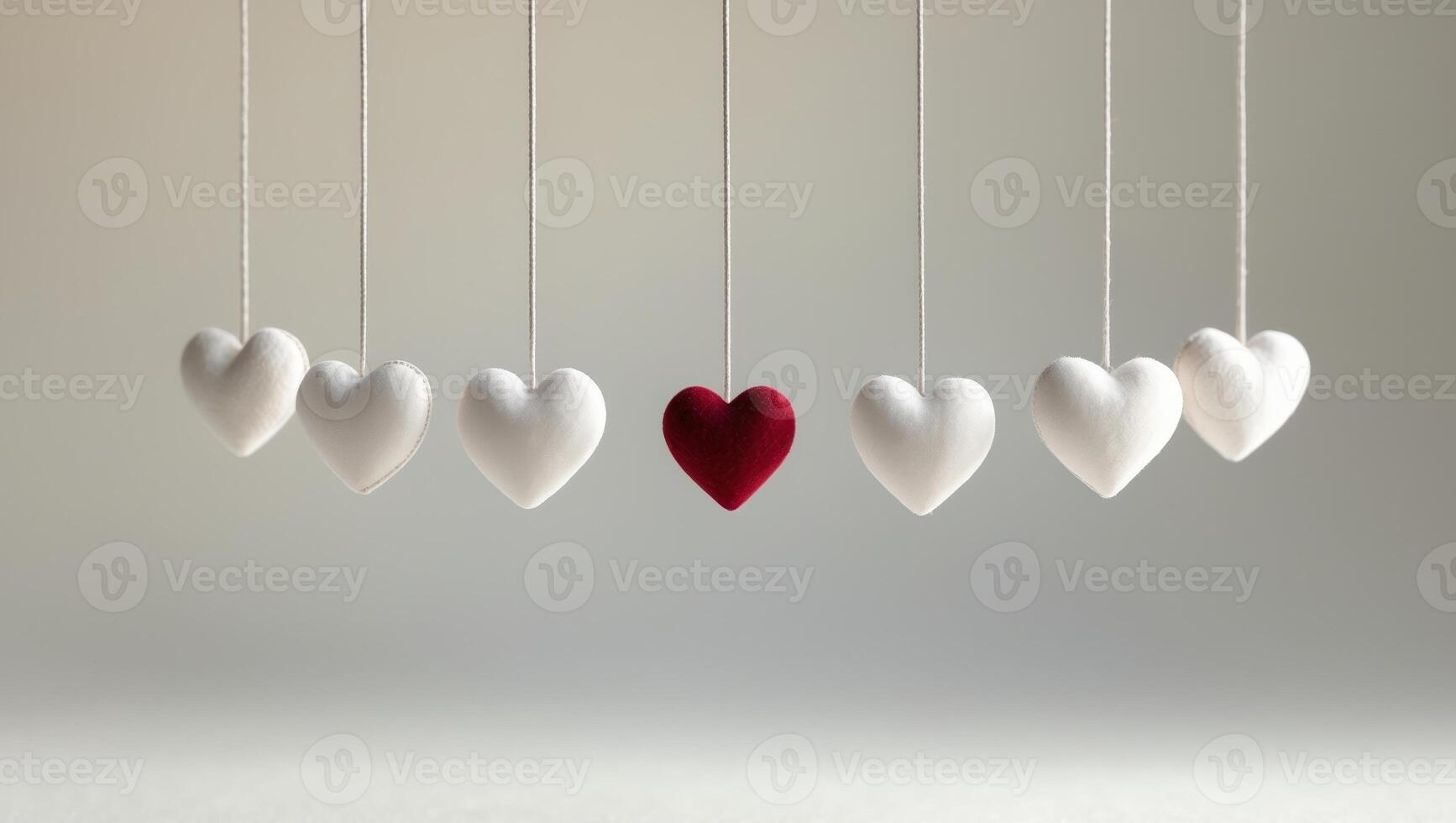 A string of hearts with one red heart and four white hearts photo