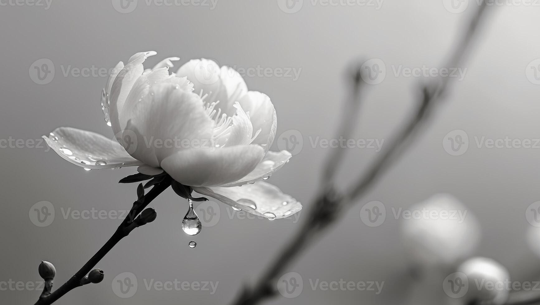 A single flower on a branch with a drop of water on it photo