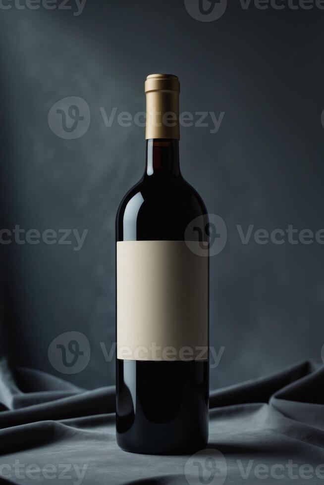 Red Wine Bottle With Blank Label On Dark Background photo