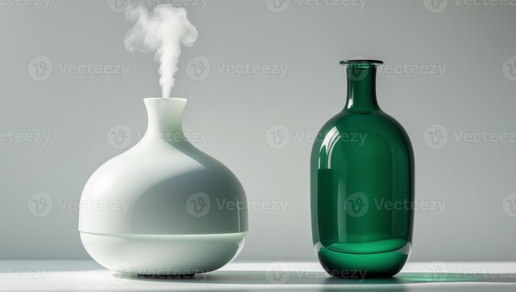 A white diffuser with a green bottle next to itA white diffuser with a green bottle next to it. photo