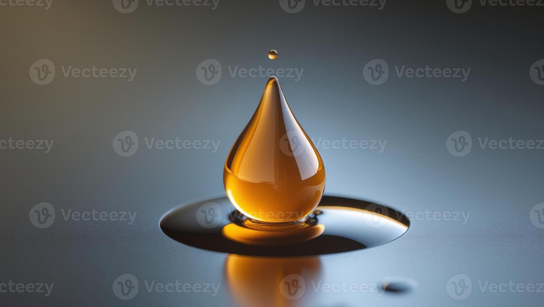 Captivating close up of a single amber droplet glistening on a reflective surface radiating a brilliant glow and casting mesmerizing reflections in a vibrant photo