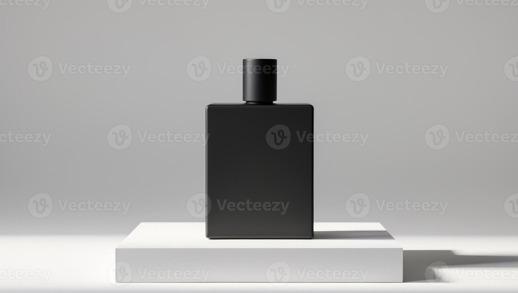 Black Rectangular Bottle on White Platform DisplayBlack Rectangular Bottle on White Platform Display. photo