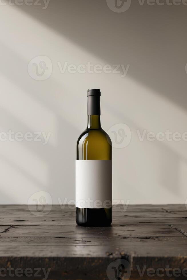 Elegant wine bottle with blank label on wooden table with copy spaceElegant wine bottle with blank label on wooden table with copy space. photo