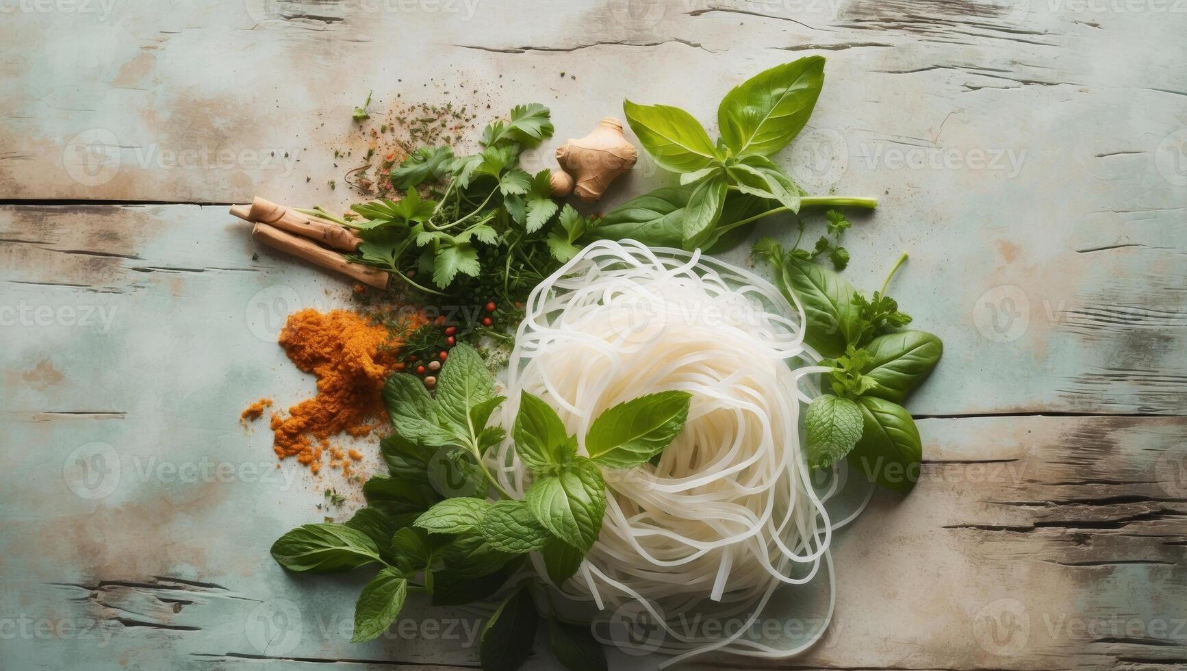 Fresh Rice Noodles with Green Herbs and Spices on a Rustic Background photo