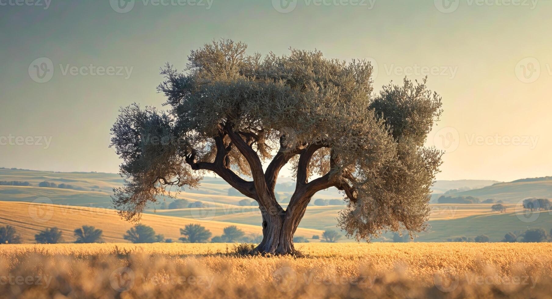 Olive Tree and Expansive Golden Field Landscape photo