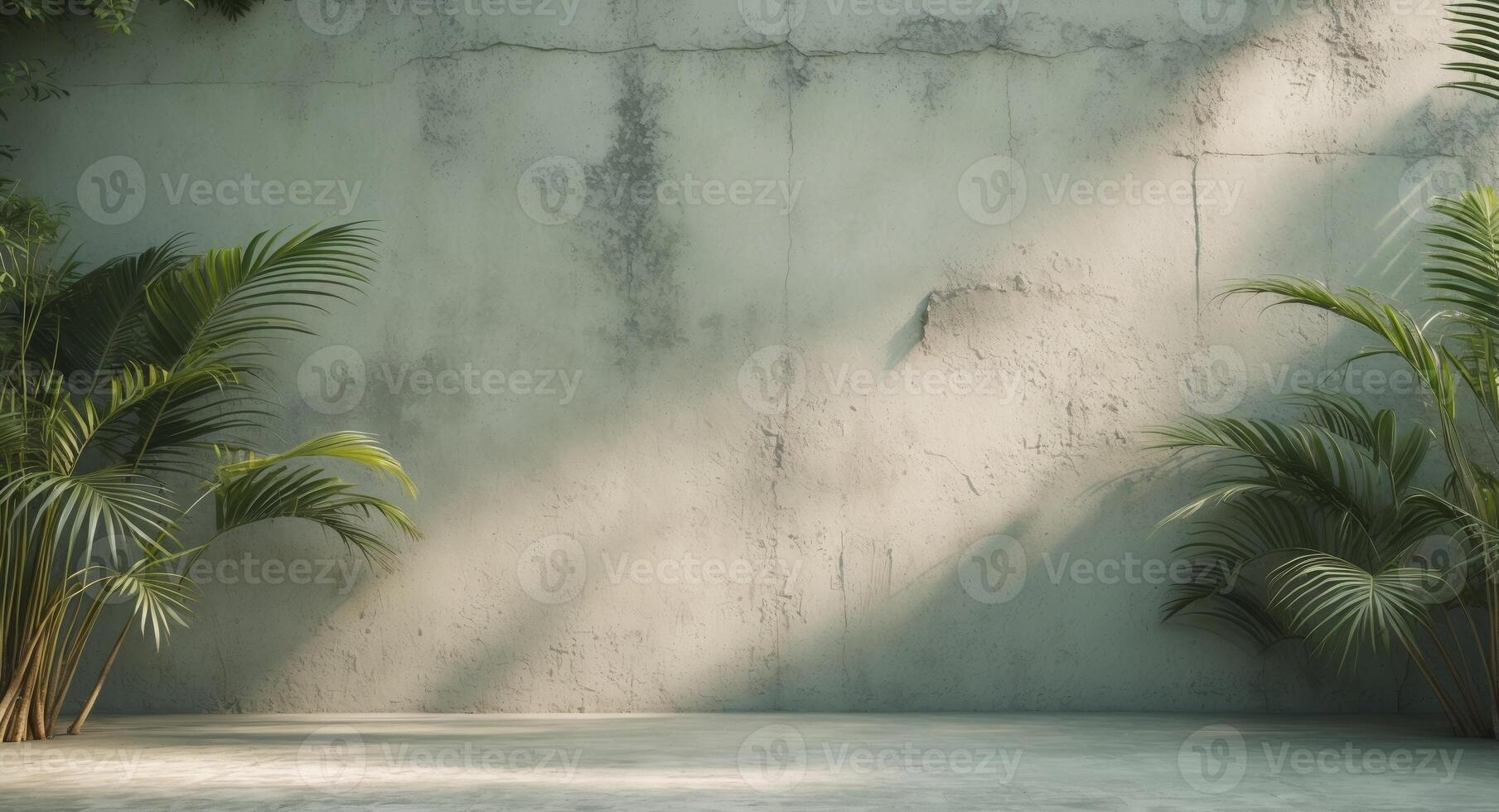 Tropical palm leaves framing a textured concrete wall in a rustic garden setting creating a serene and lush atmosphere for interiors photo