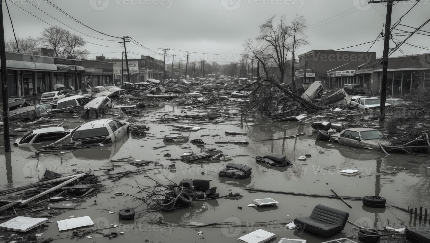 Chaos and loss in a flooded urban area filled with debris and floating objects photo