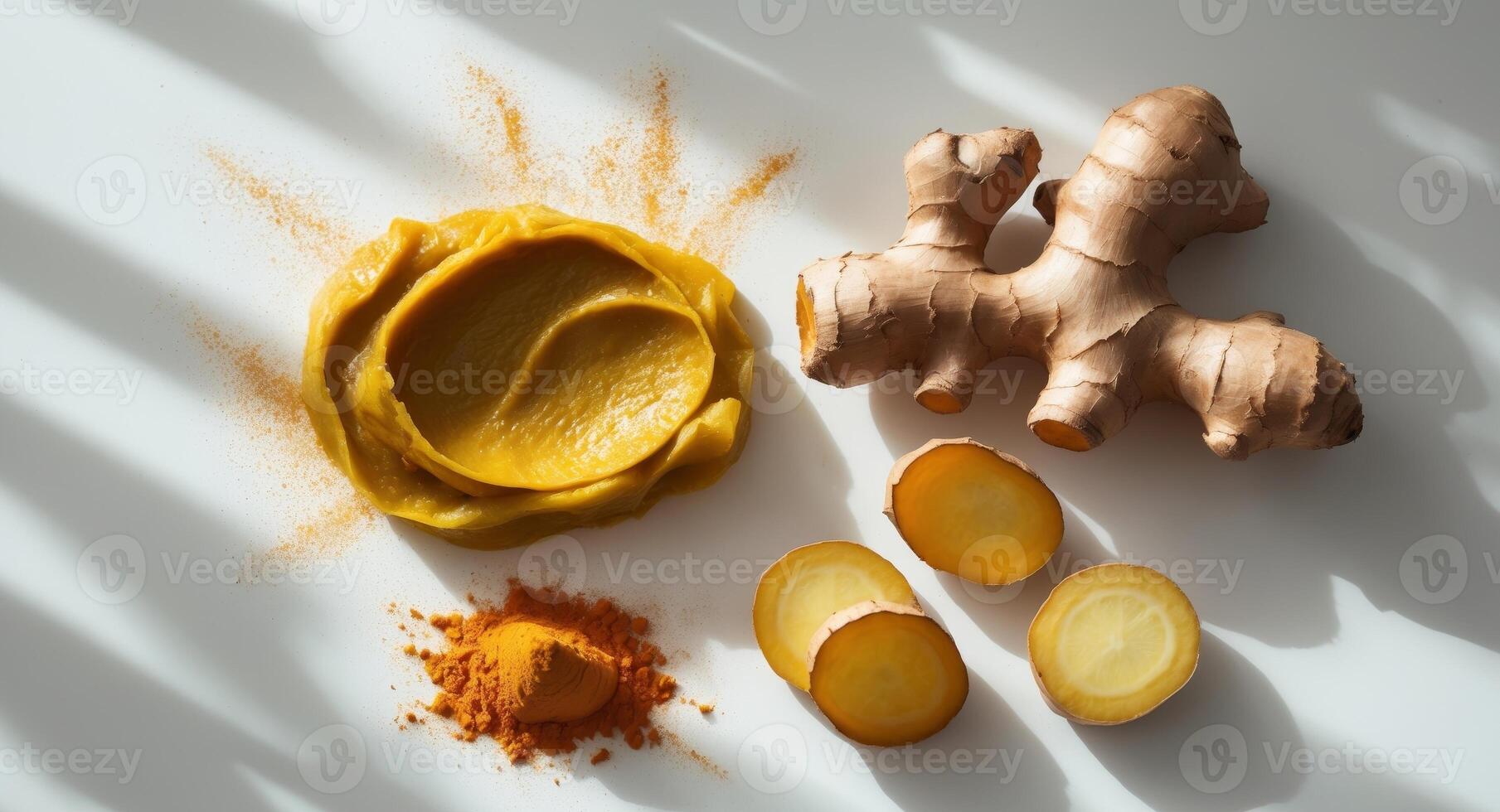 Fresh turmeric paste arranged beautifully with ginger and turmeric powder on a bright background photo