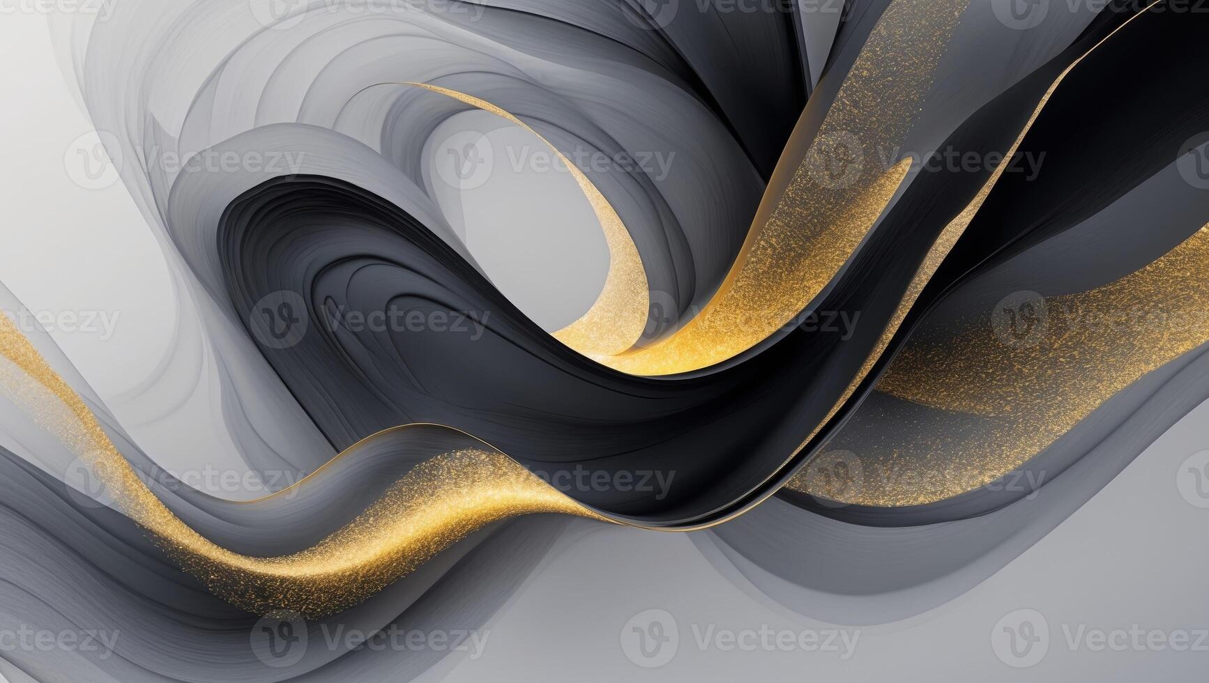Abstract art featuring swirling black and gray hues with vibrant gold accents creating a captivating composition of flowing shapes photo