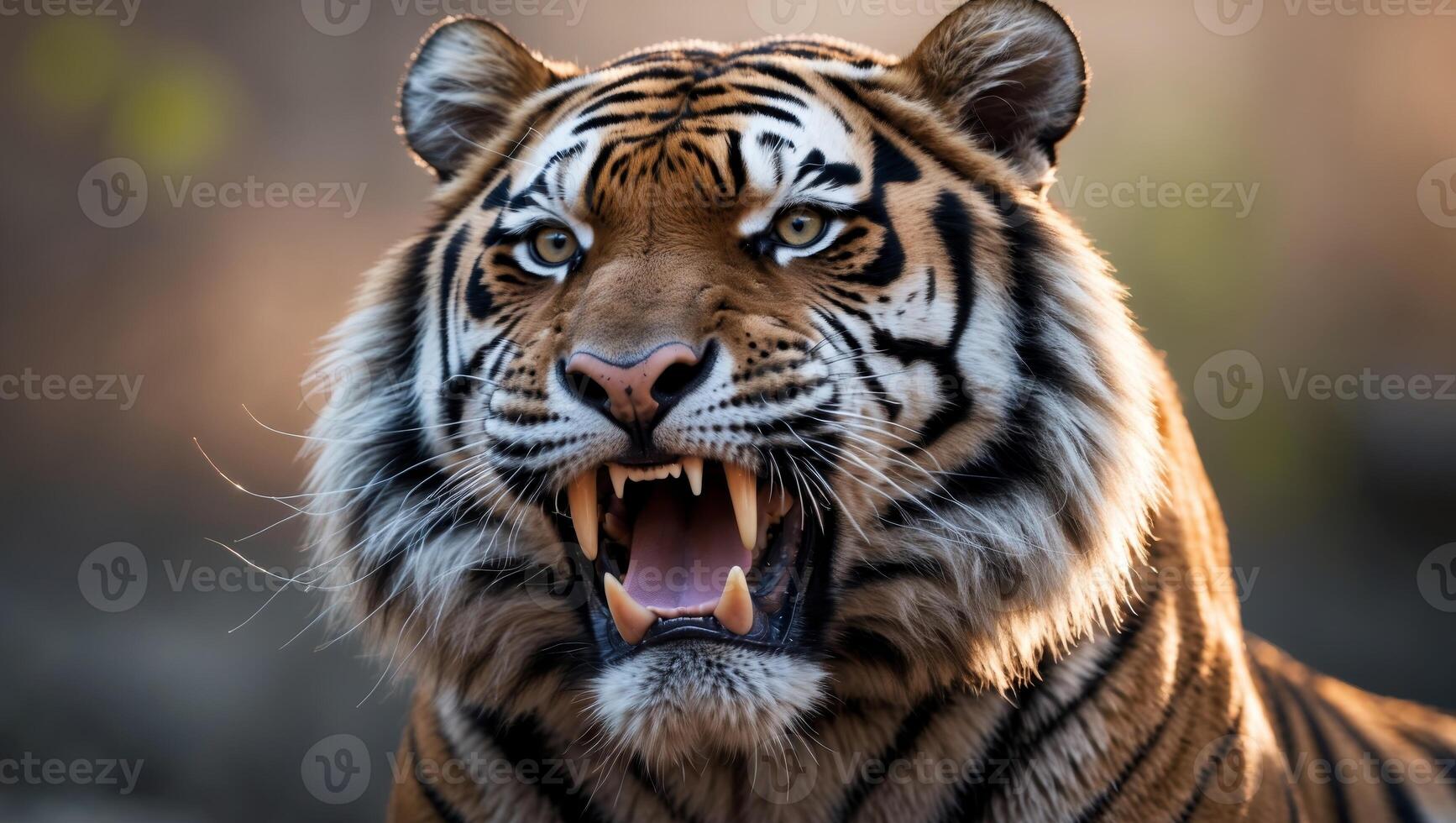 A close up of a tiger yawning with its mouth open photo