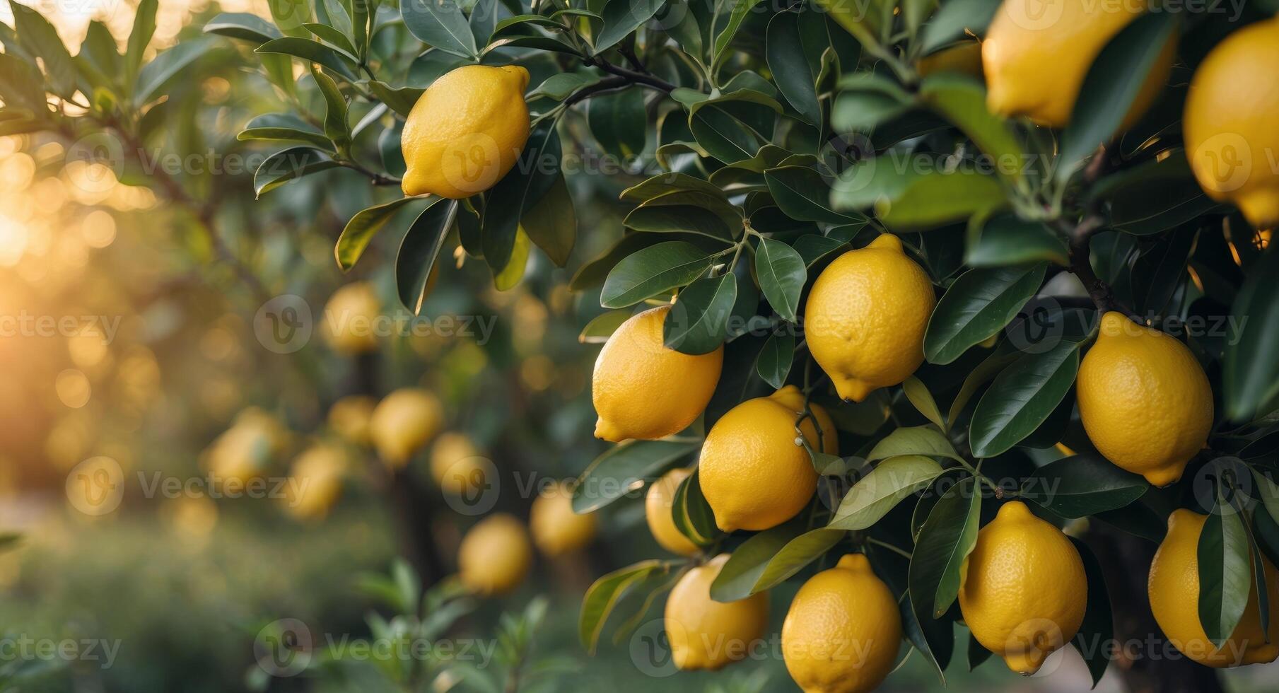 Lemon Tree Foliage with Ripe Lemons in Golden Hour Light photo