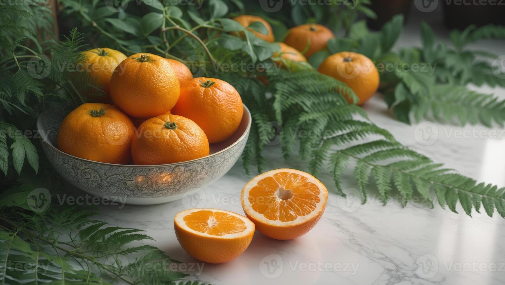 Tangerines in a decorative bowl with a half cut piece on a marble surface surrounded by greenery for a fresh and vibrant look photo