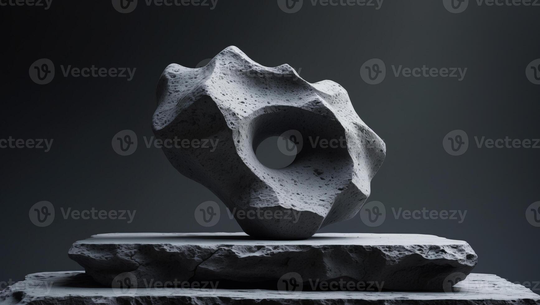 Textured Stone Sculpture on Rough Platform Dark BackgroundTextured Stone Sculpture on Rough Platform Dark Background. photo