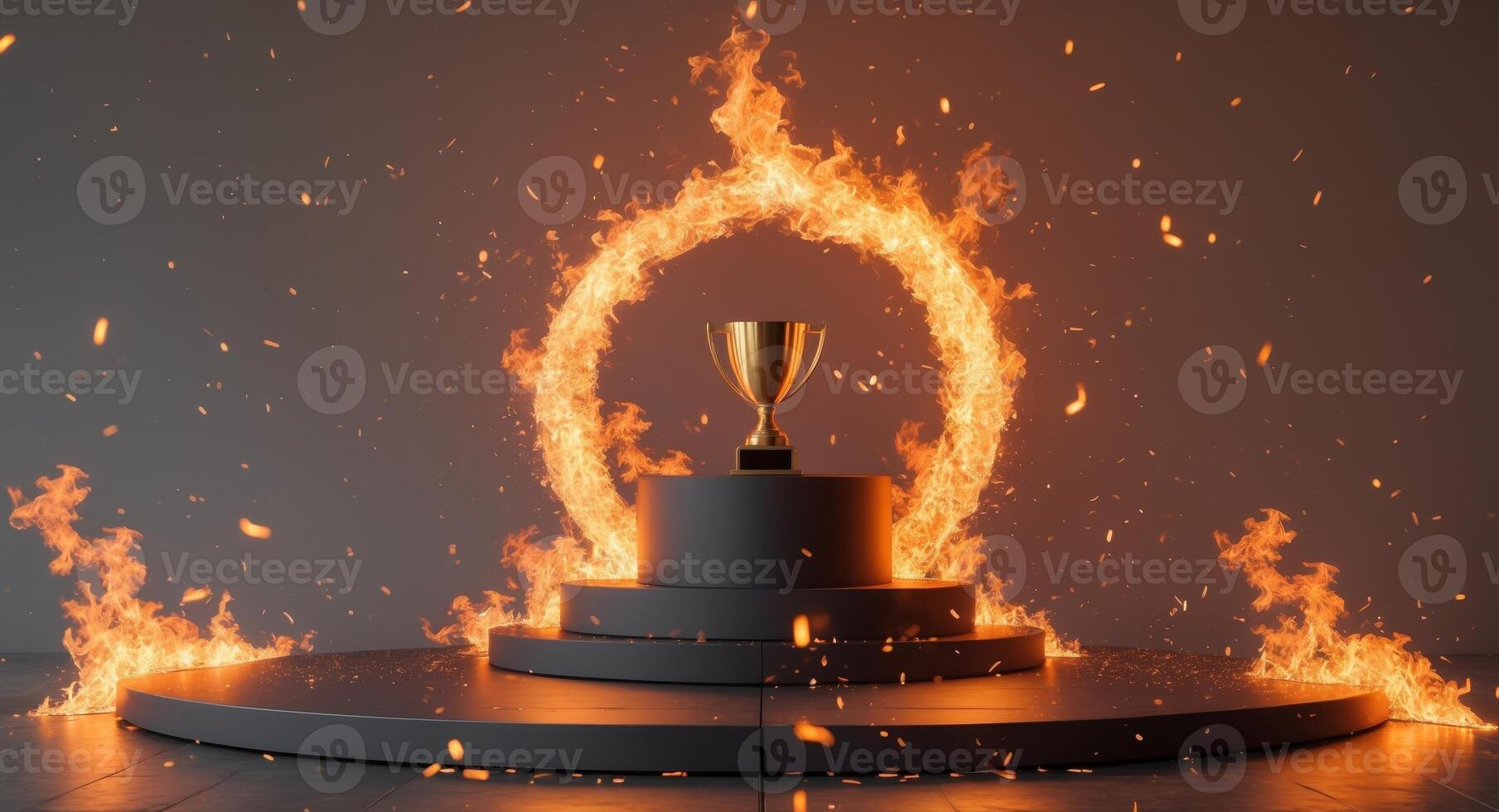 Fire Stage Platform Background Flames Hot Show Podium Round Display Award Gold Inferno Effect Bright Glow Steel Orange Spark photo