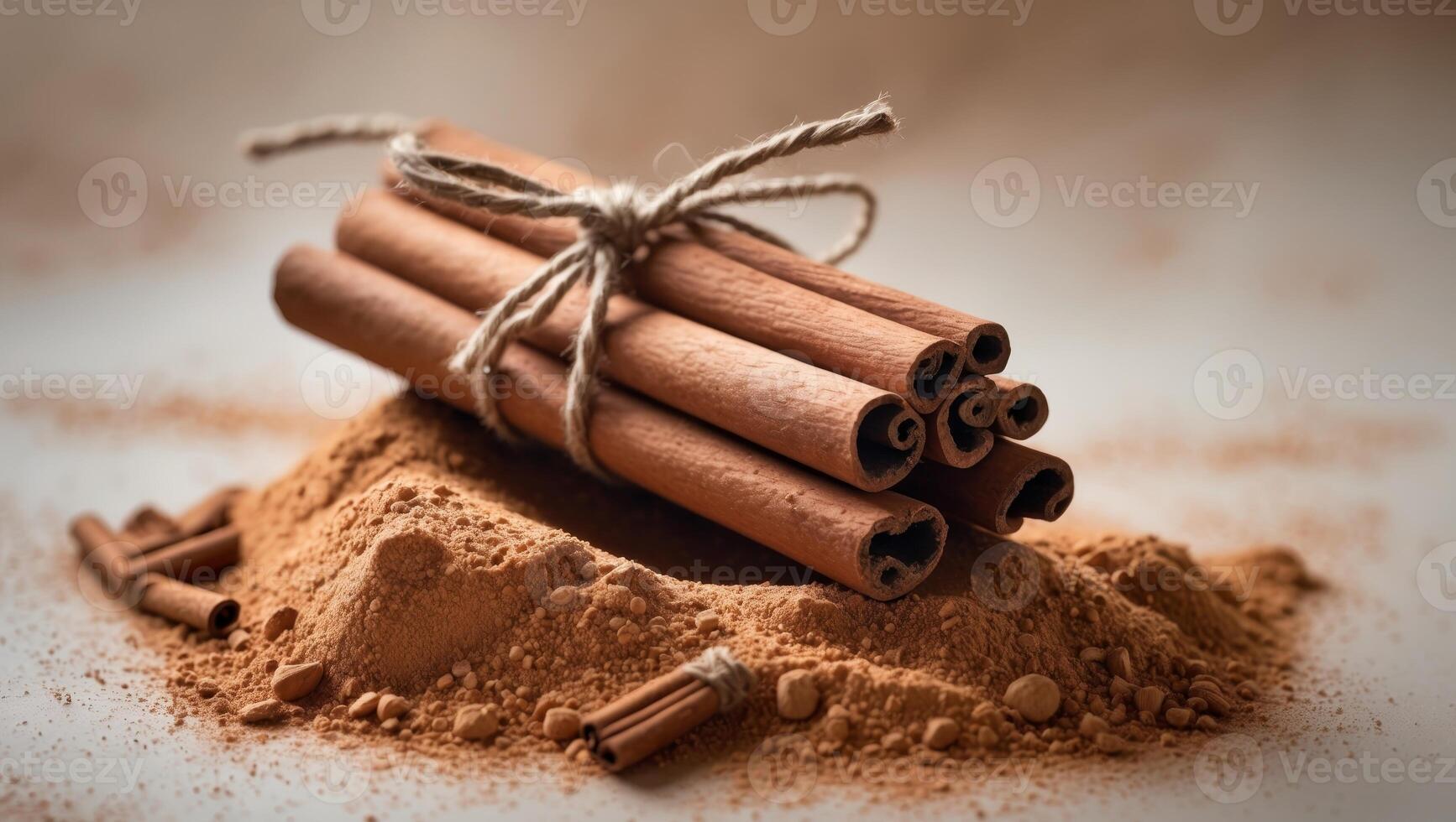 Cinnamon sticks tied with twine resting on a bed of cinnamon powder photo