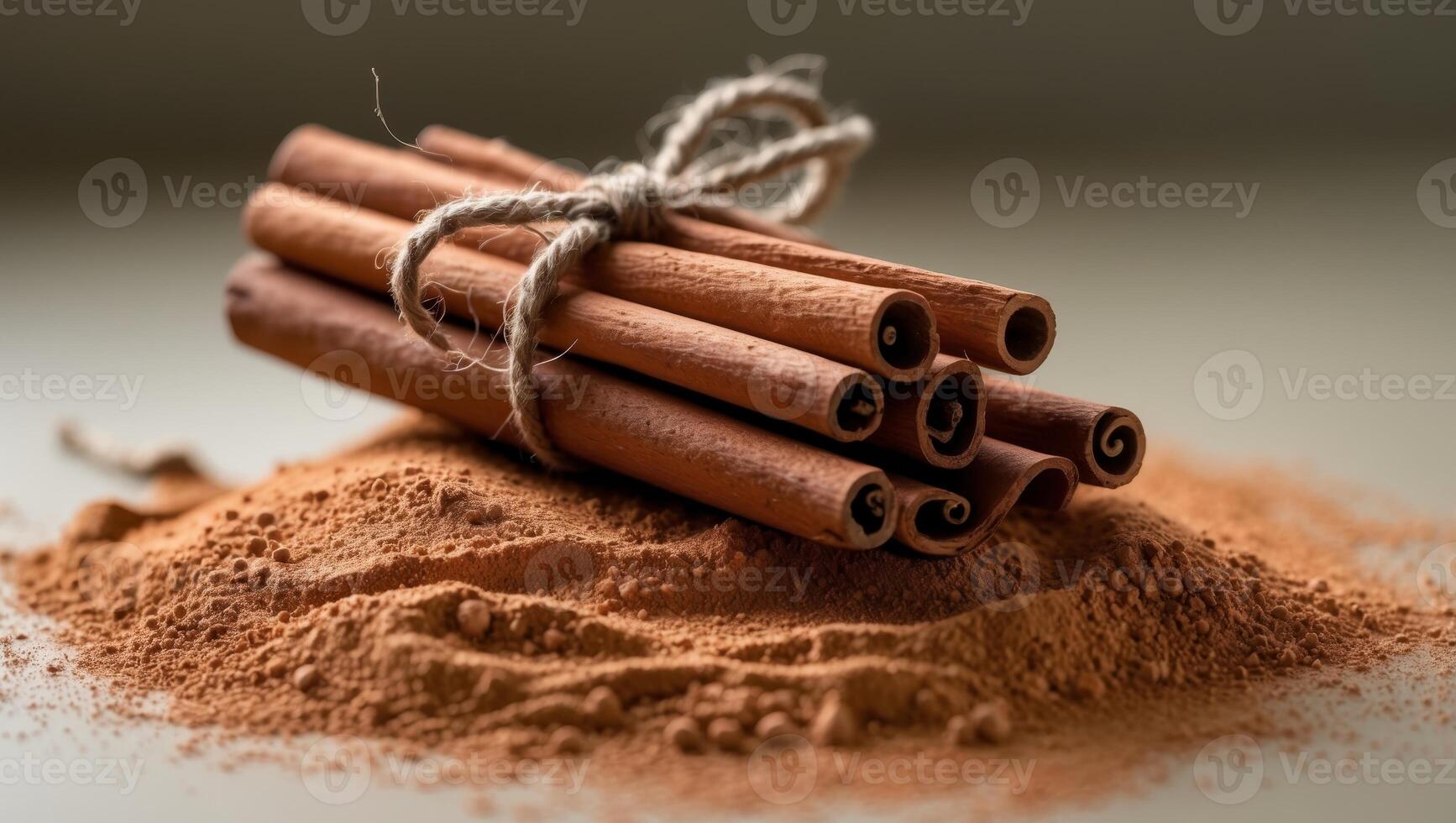 Cinnamon sticks tied with twine resting on a bed of cinnamon powderCinnamon sticks tied with twine resting on a bed of cinnamon powder. photo