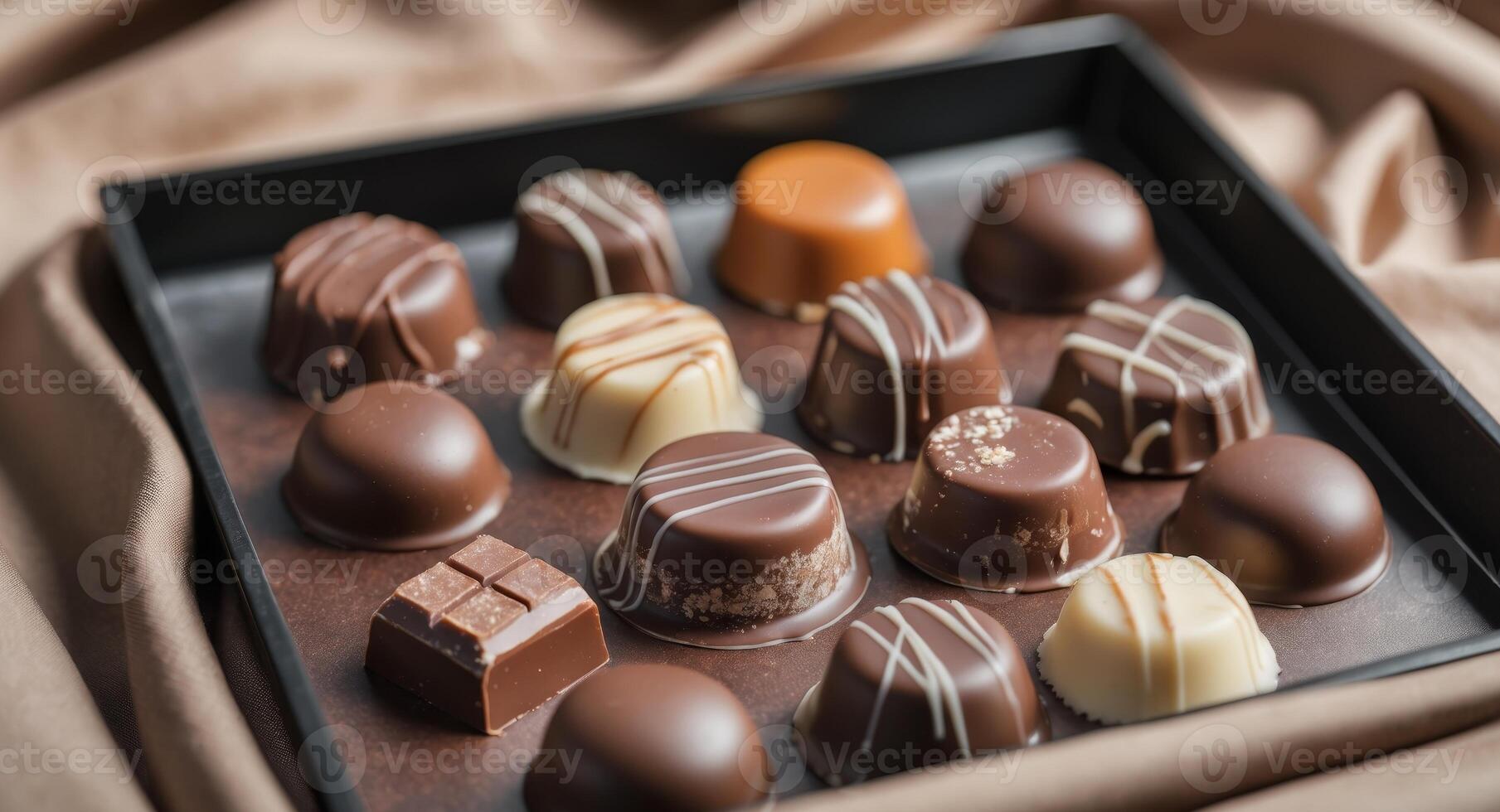 Assorted gourmet chocolate pralines on textured brown surface in black trayAssorted gourmet chocolate pralines on textured brown surface in black tray. photo