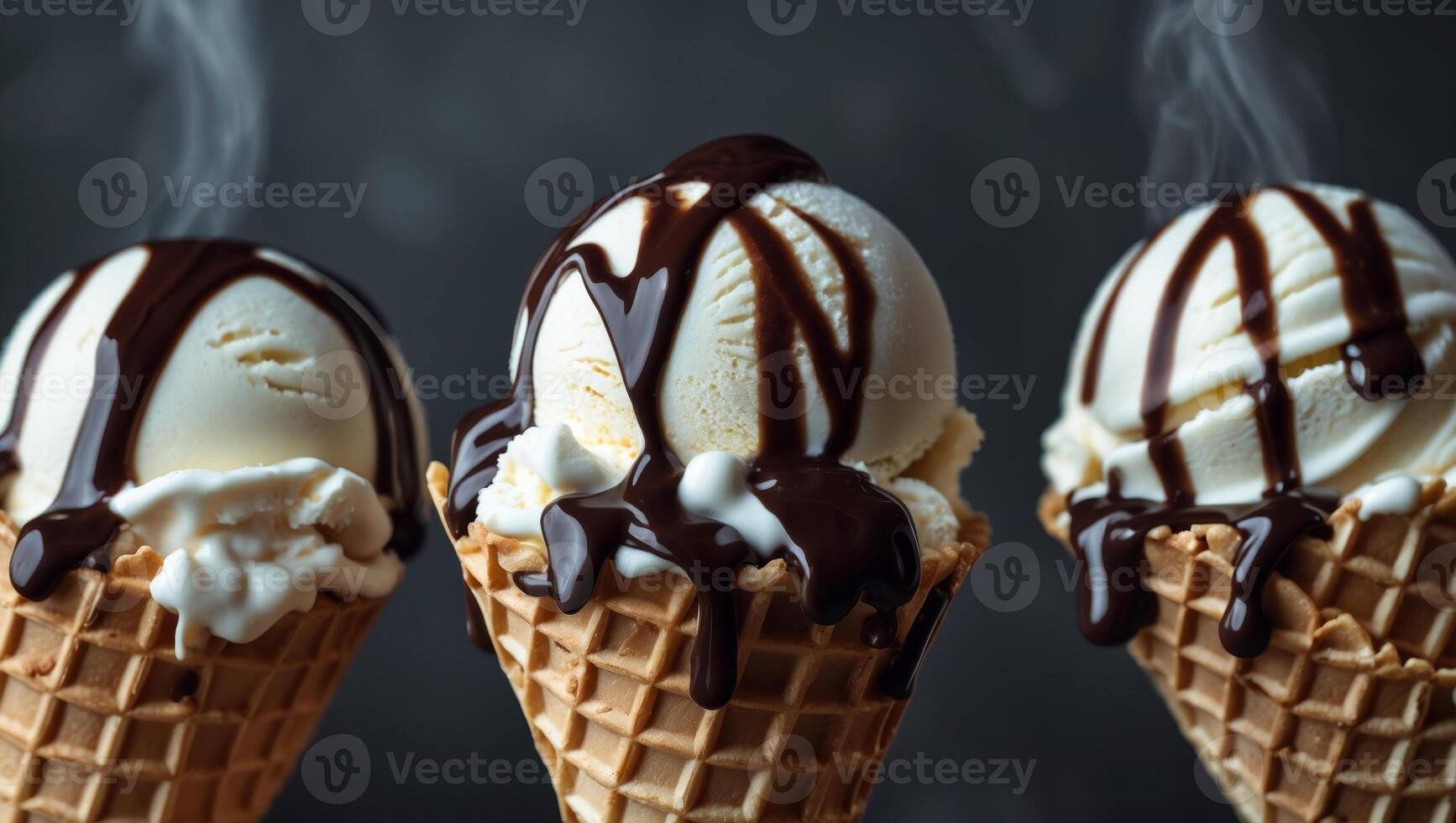Delicious and Creamy Ice Cream Scoops in Waffle Cones with Drizzling Chocolate Sauce on a Dark Background Perfect for Summer Treats and Dessert Indulgence photo