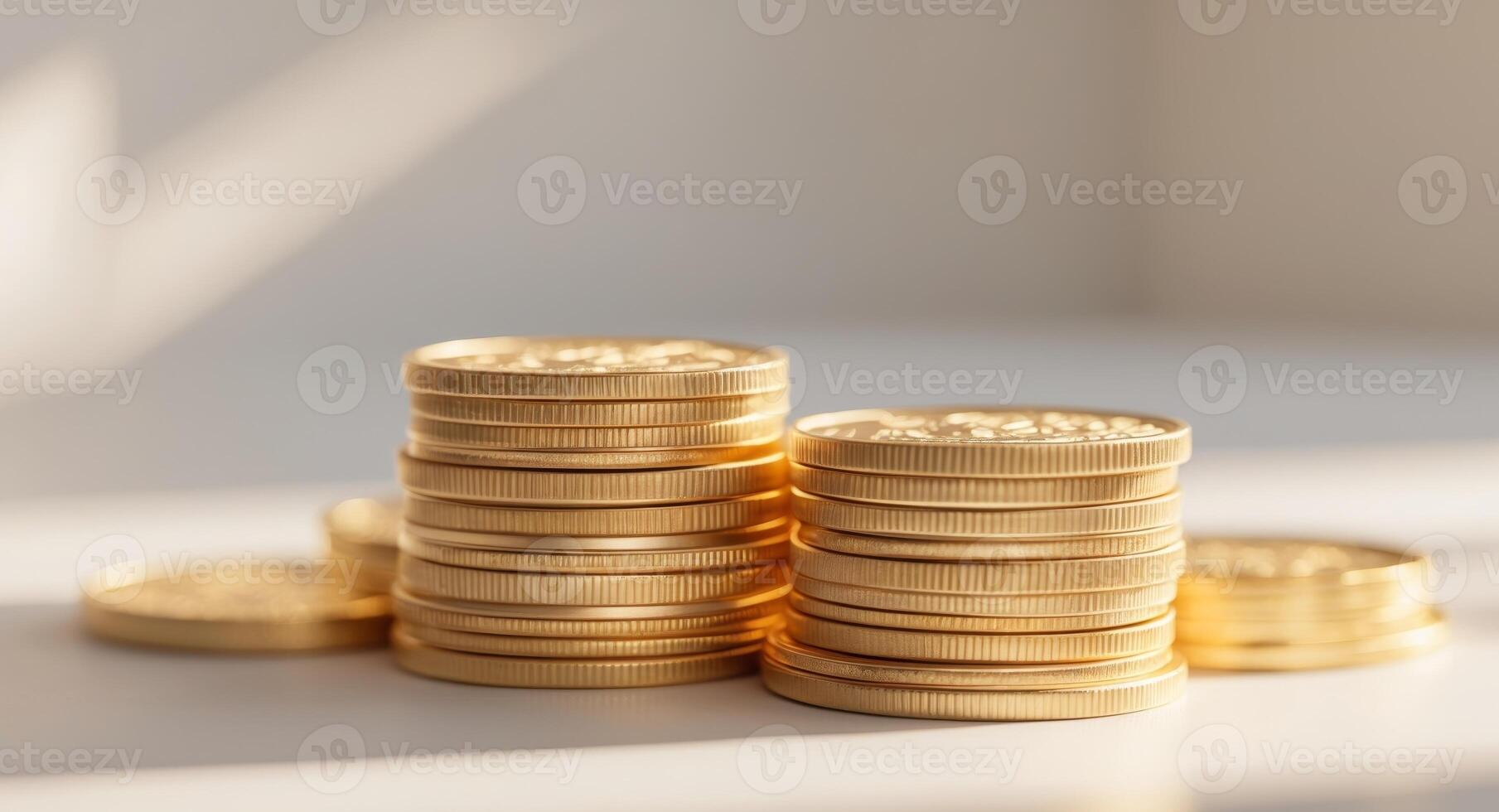 Stacks of Gold Coins Reflecting Morning Light photo