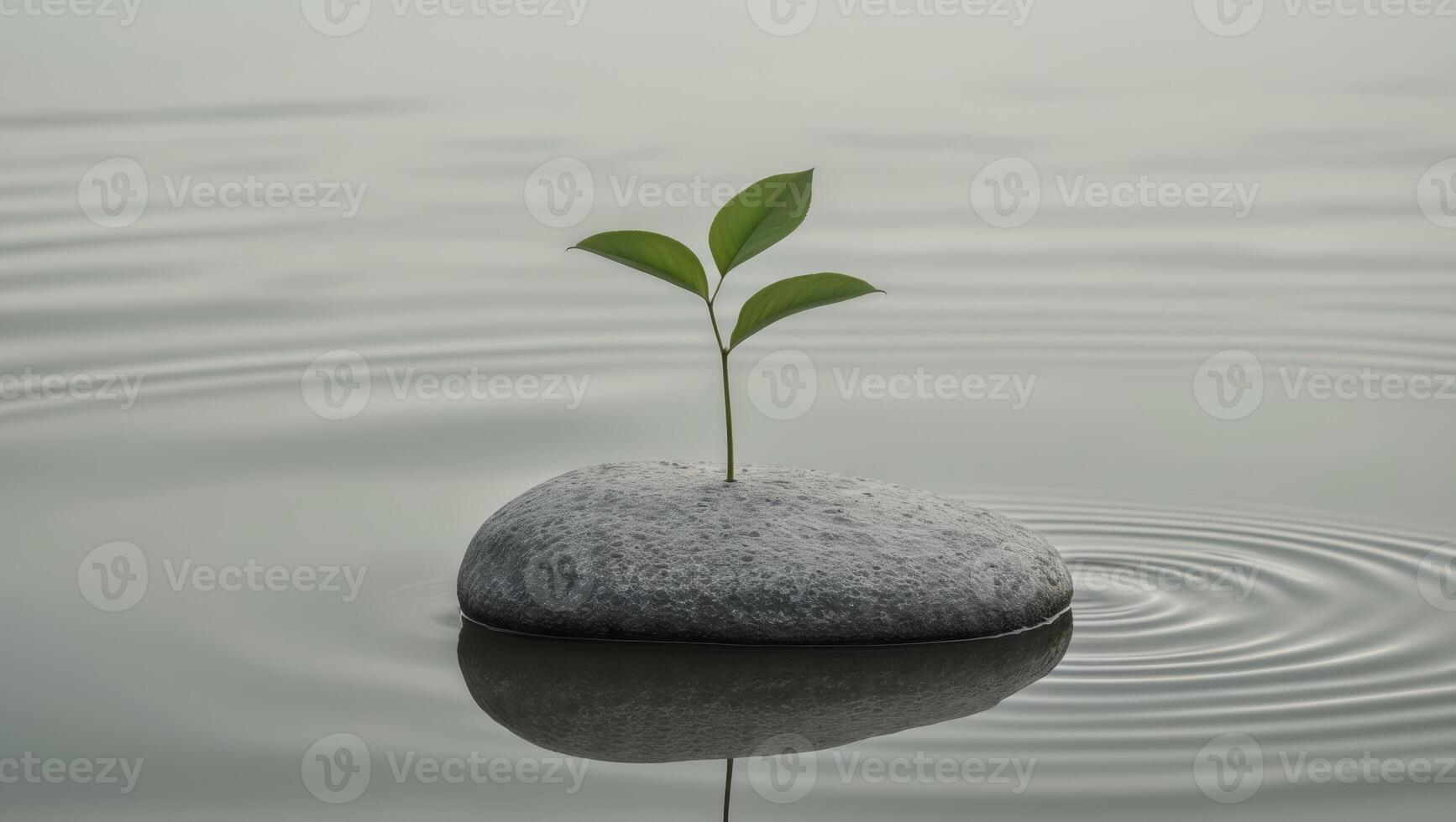 A rock in the middle of a body of water with a green leaf sticking out of it. photo